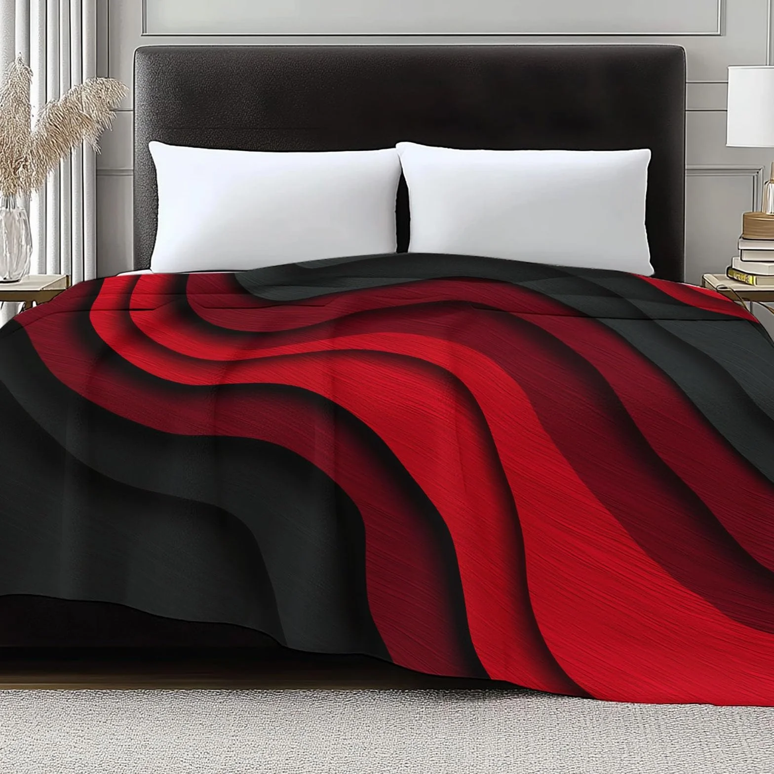 Flanelowy koc polarowy abstrakcyjne linie i prostota pled polarowy, narzuta na sofę Wygodny dwuosobowy koc na łóżko w kratę zimowy, 220 x 240 cm czerwono-czarny