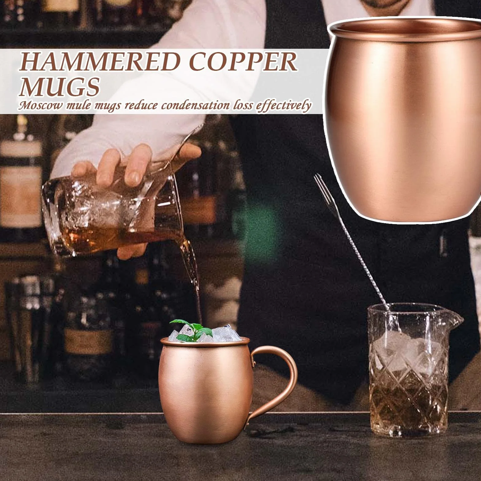 Kubki miedziane Mule - 530ml Ręcznie wykonany młotkowany zestaw naczyń do picia | Wysokiej jakości miedziane kubki idealne do Moscow Mule, koktajli, Bożego Narodzenia, kuchni, imprez, domu lub do
