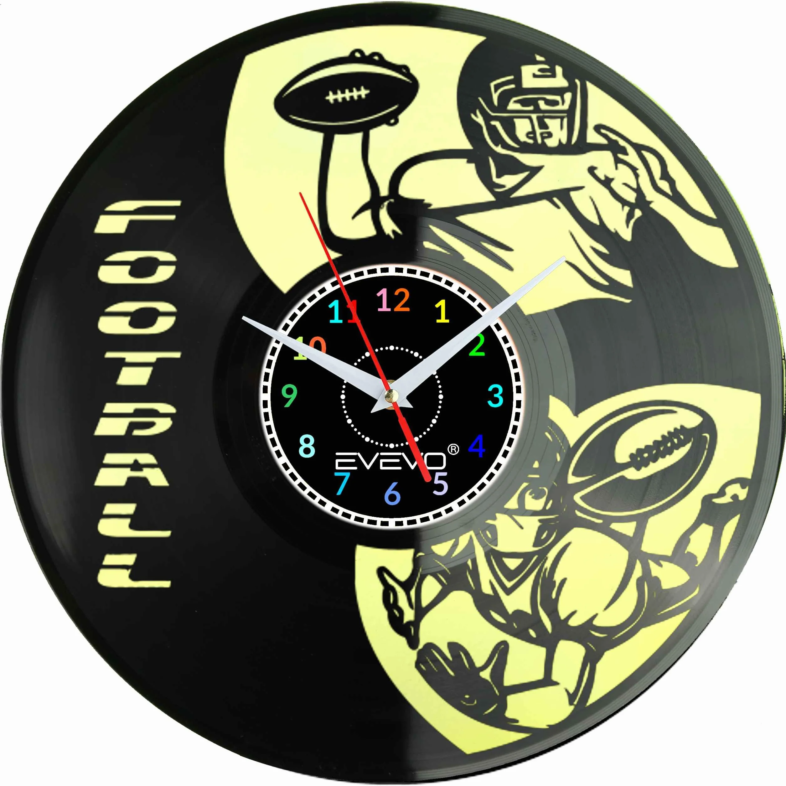 ZEGAR ŚCIENNY FOOTBALL AMERYKAŃSKI FLUORESCENCYJNE TŁO PŁYTA WINYLOWA PREZENT UPOMINEK GIFT SOUVENIR EVEVO F0067