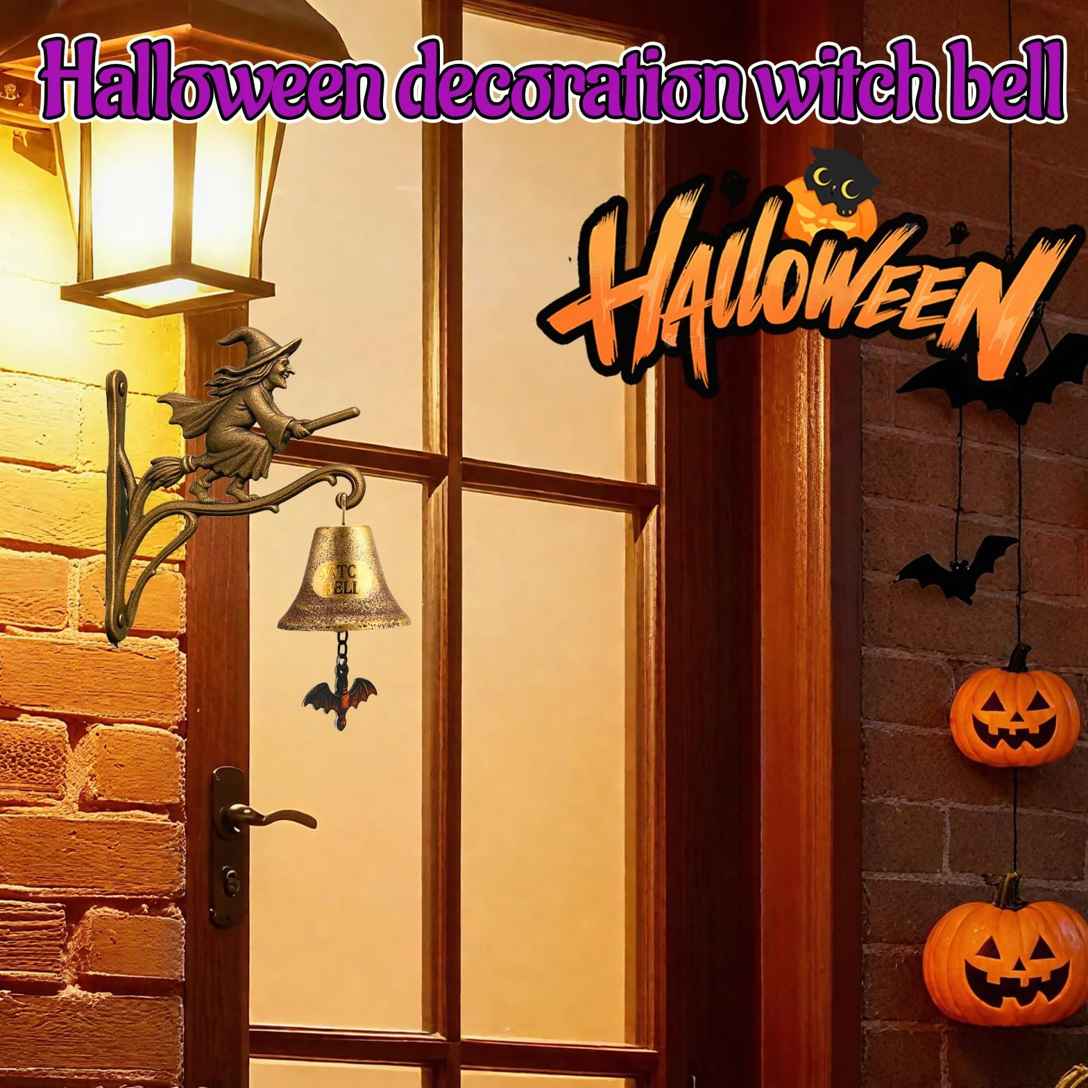 Dzwonek do drzwi na Halloween, w stylu vintage, dzwonek czarownicy, do zawieszenia, montaż ścienny, dzwonek czarownicy, z miotłą, dekoracyjny, gotycki dzwonek ogrodowy na werandę, do ogrodu, drzwi