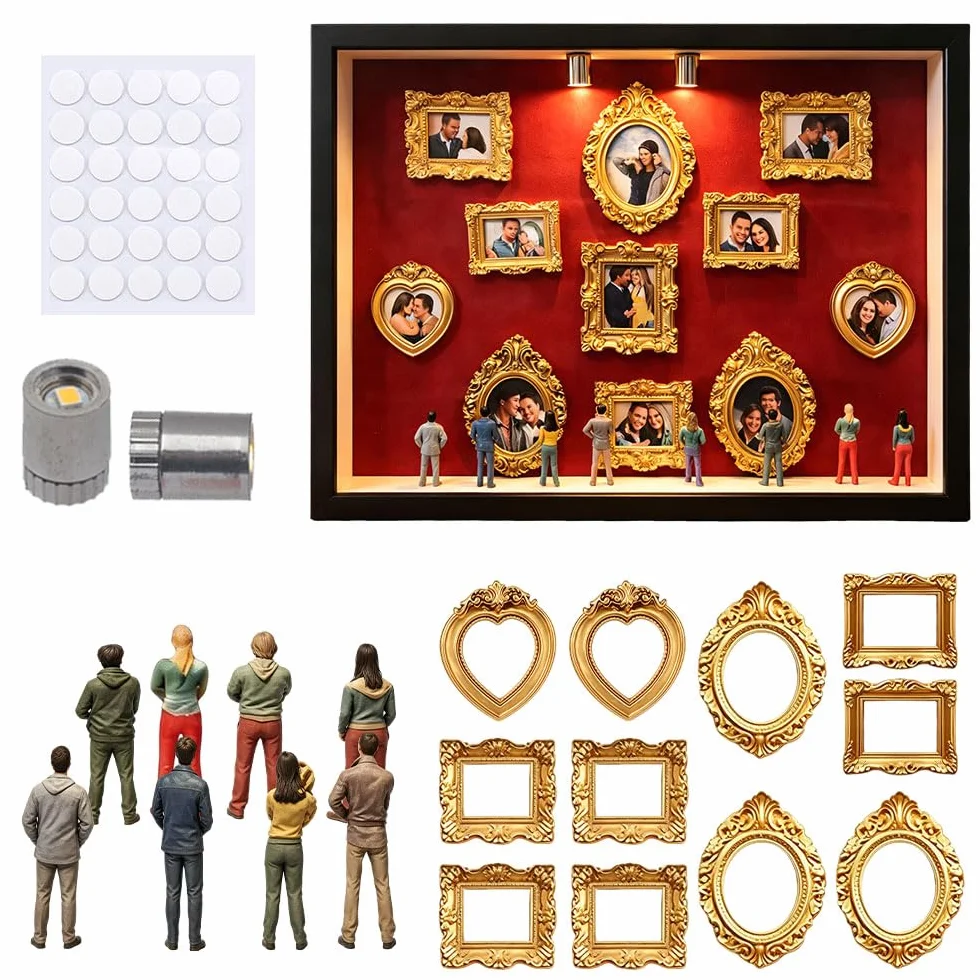 Silhouette Box Museum of Us kreatywny zestaw ramek na zdjęcia z 11 złotymi ramkami i 8 figurkami vintage