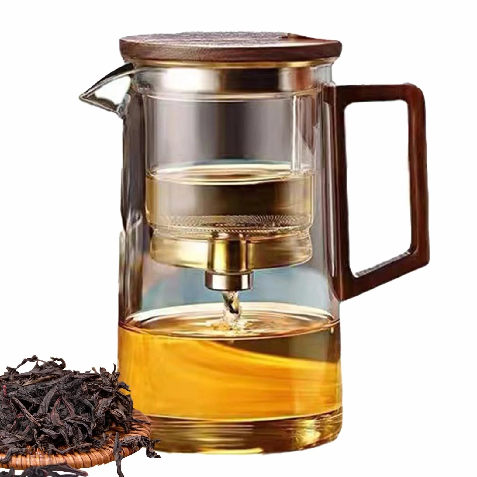 Szklany czajniczek z uchwytem, 500 ml / 750 ml, szklany czajnik do herbaty z sitkiem, ergonomiczny, przezroczysty, z drewnianym uchwytem, zmywarka, magiczny czajniczek do herbaty sypkiej