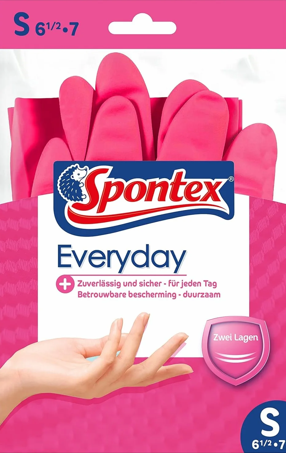 Spontex Everyday rękawice domowe, wygodne i bezpieczne trzymanie, z flokowaniem bawełnianym, różowe, rozmiar S, 10 x 1 para