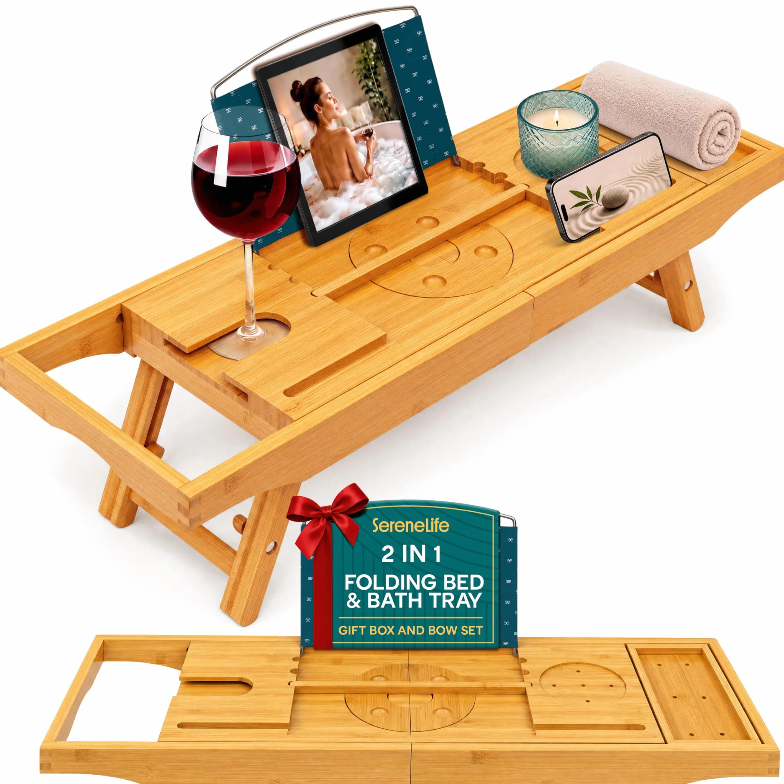 SereneLife Bamboo Bathtub Caddy with Adjustable Length, Non-Slip Handles, Integrated Device Holder and Wine Glass Slot - Expandable Design for Comfortable Bathing