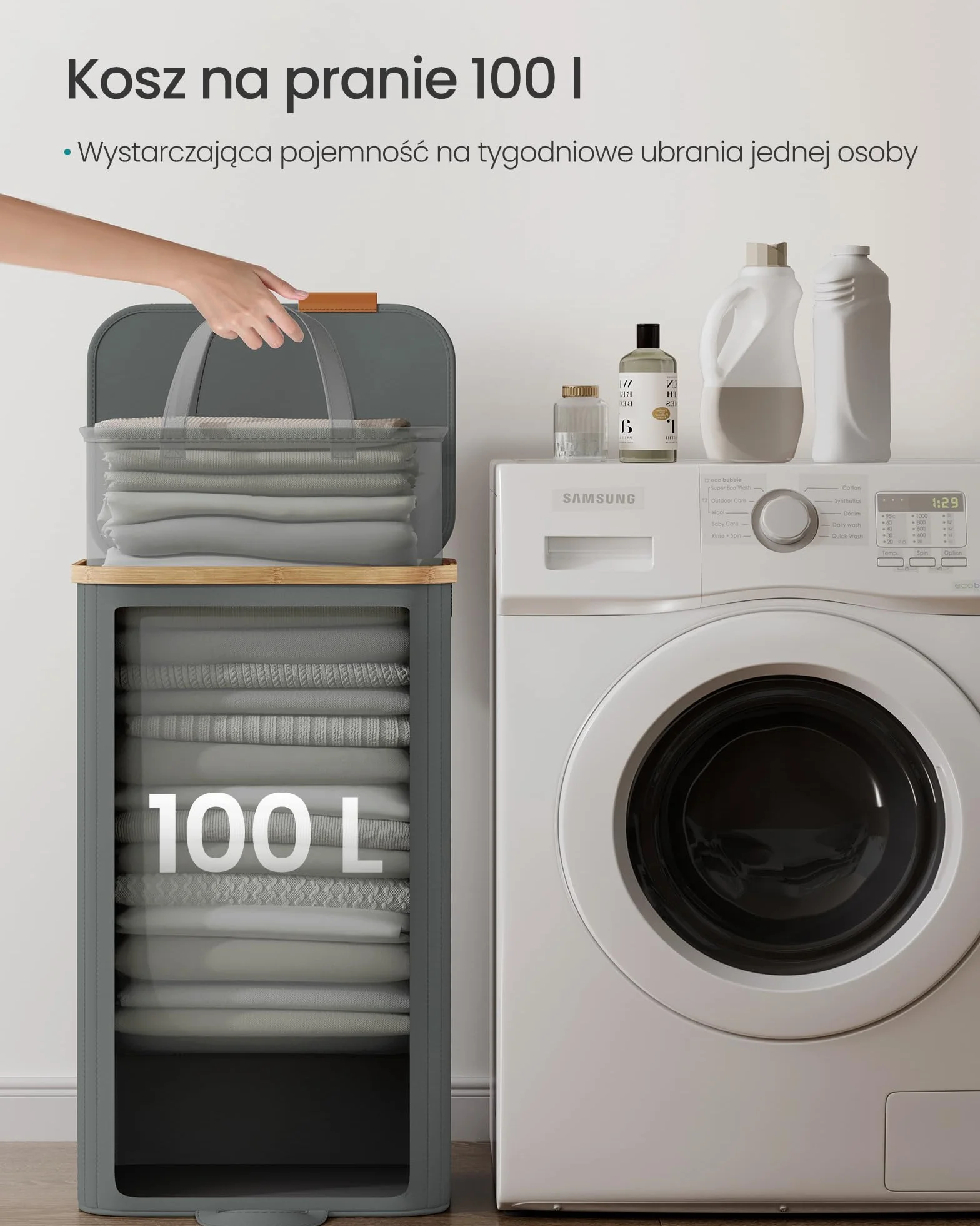 SONGMICS Kosz na pranie z pokrywką, kosz na pranie, kosz na pranie, wyjmowany worek na pranie, rama bambusowa, do pralni, sypialni, 100 litrów, szary łupek LCB531GN01