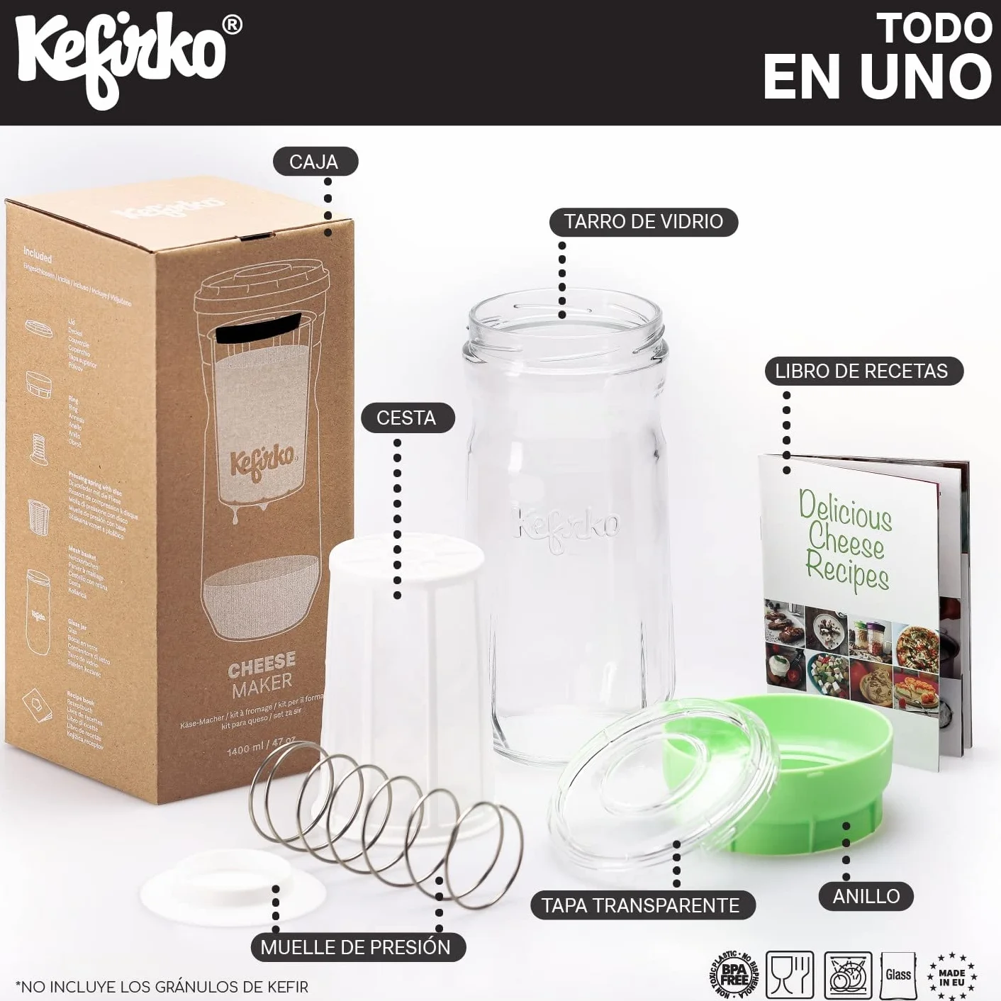 KEFIRKO Cheese Maker – idealny zestaw do przygotowywania domowego sera kefirowego, zestaw serów i książeczka z przepisami do pobrania w formacie PDF | 1,4 l | BPA Free | zielony