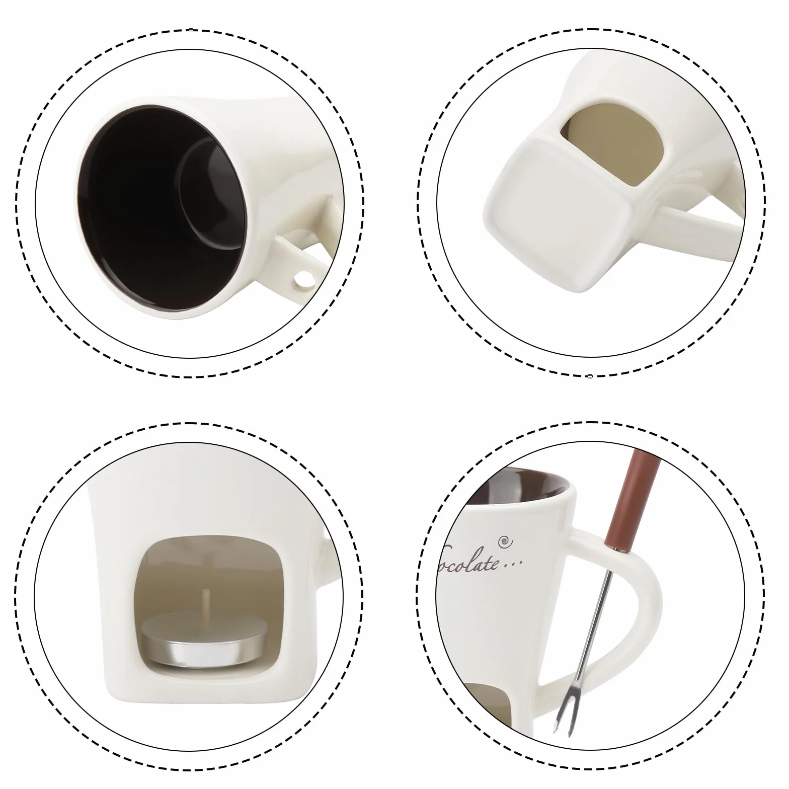 Filiżanka do fondue czekoladowego z widelcami, 200 ml, ceramiczny zestaw do czekoladowego fondue, kubek do topienia czekolady, zestaw do fondue z widelcem i podgrzewaczem, do sera, czekolady, masła