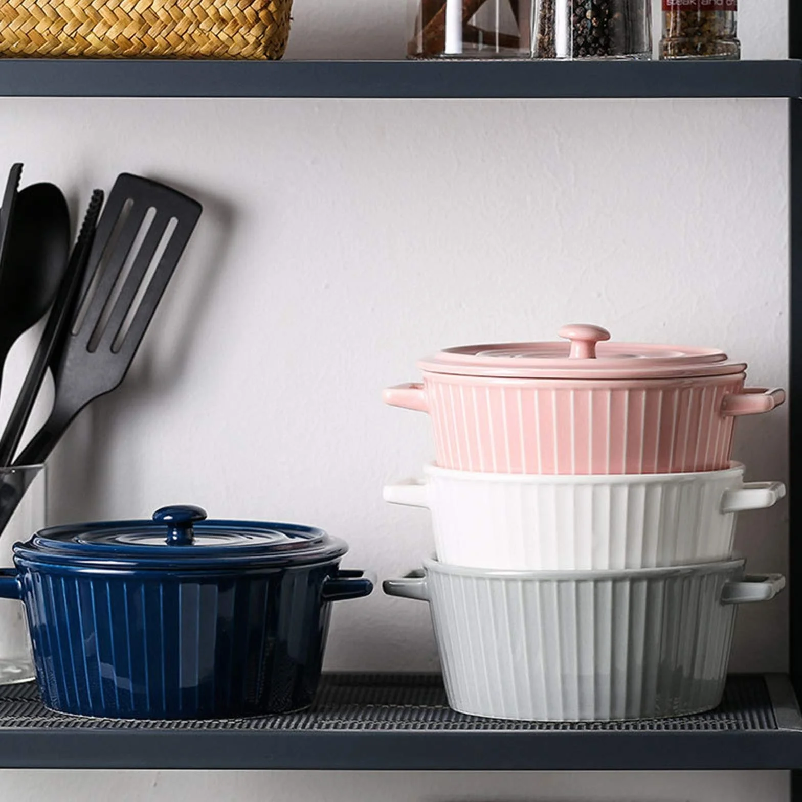 Ceramiczna miska do zupy ramen z pokrywką uchwytu, nordycki styl lunch warzywa makaron pudełko na płatki kuchnia śniadanie ryż miska sałatkowa do mikrofalówki piknik biuro szkoła, niebieska