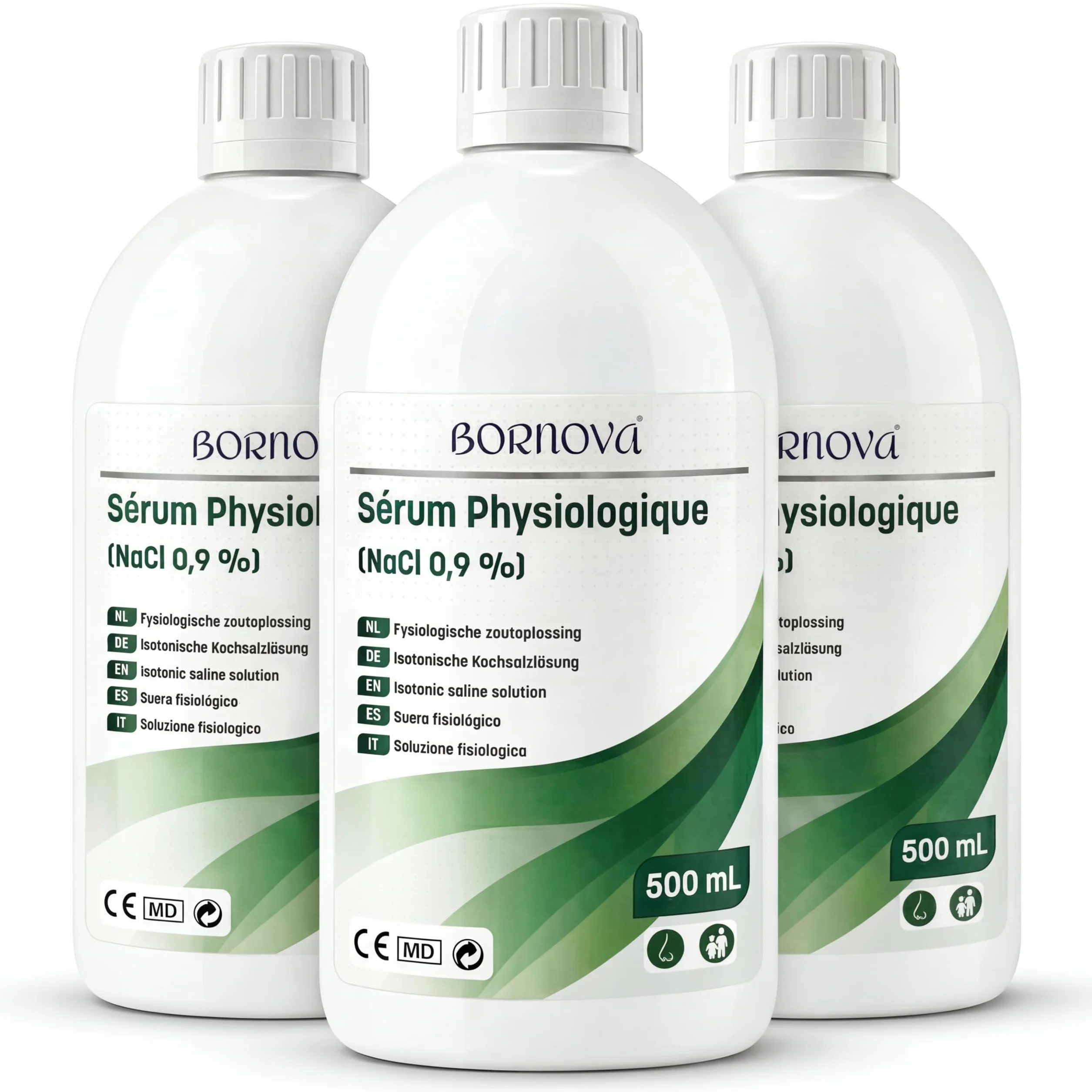 BORNOVA - Roztwór soli fizjologicznej 500 ml – izotoniczny roztwór soli kuchennej NaCl 0,9% do płukania nosa i mgły do nosa – nadaje się do stosowania w aerozolu – codzienna higiena nosa (3 x 500 ml)