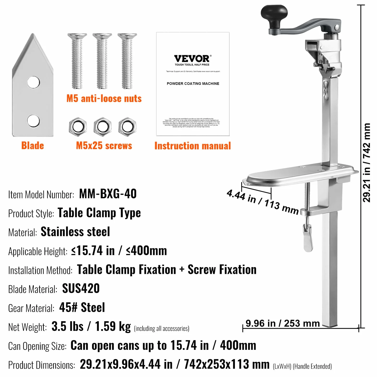 VEVOR Profesjonalny ręczny otwieracz do puszek do puszek o wysokości do 40 cm 7 sztuk/min otwieracz do puszek ze stali nierdzewnej regulacja 25 cm ergonomiczny uchwyt łatwe otwieranie bezpieczne