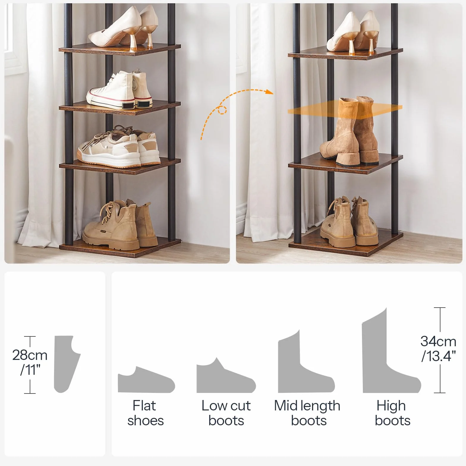 HOOBRO Regał na buty, 10-poziomowy narożny regał na buty, wąska półka na buty, szafka na buty, stojak na buty, przedpokój, sypialnia, ciemnobrązowo-czarny EBF32XJ01