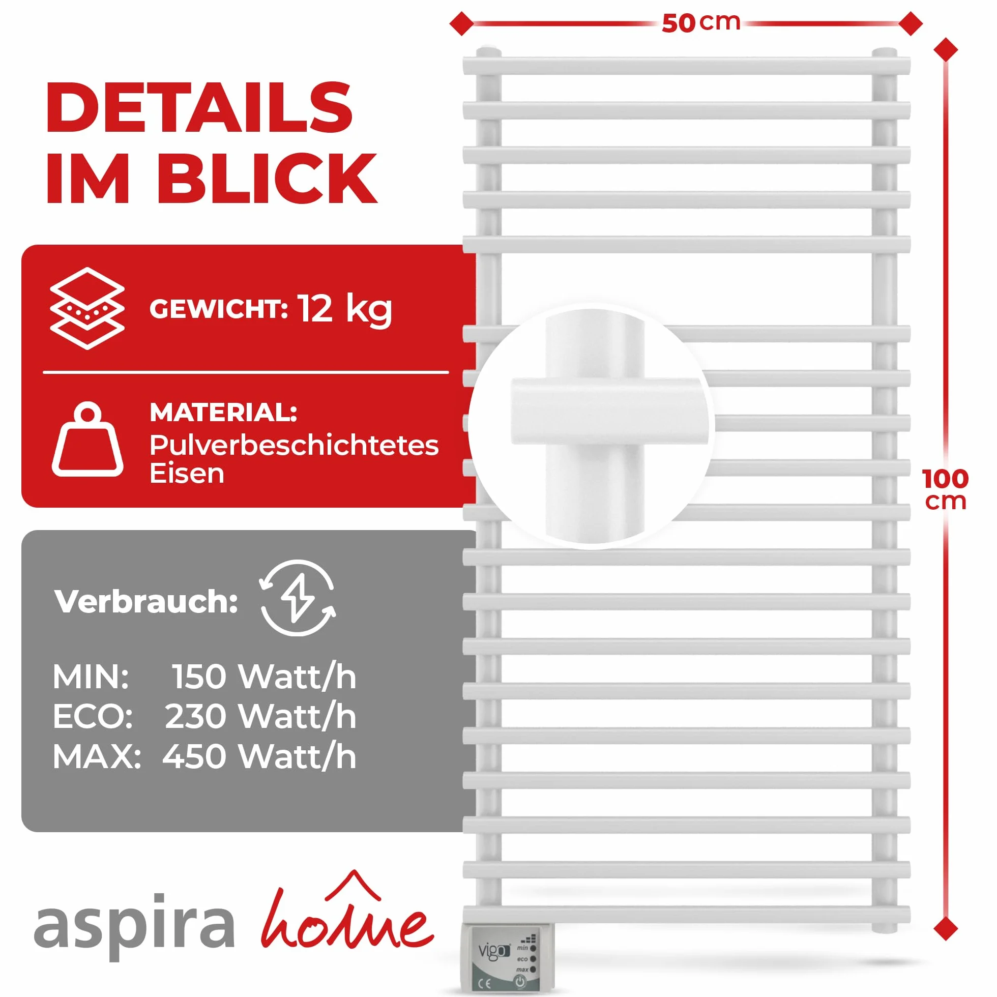 VIGO Elektryczny grzejnik łazienkowy ECO 450 W 500x1000 mm Zestaw montażowy