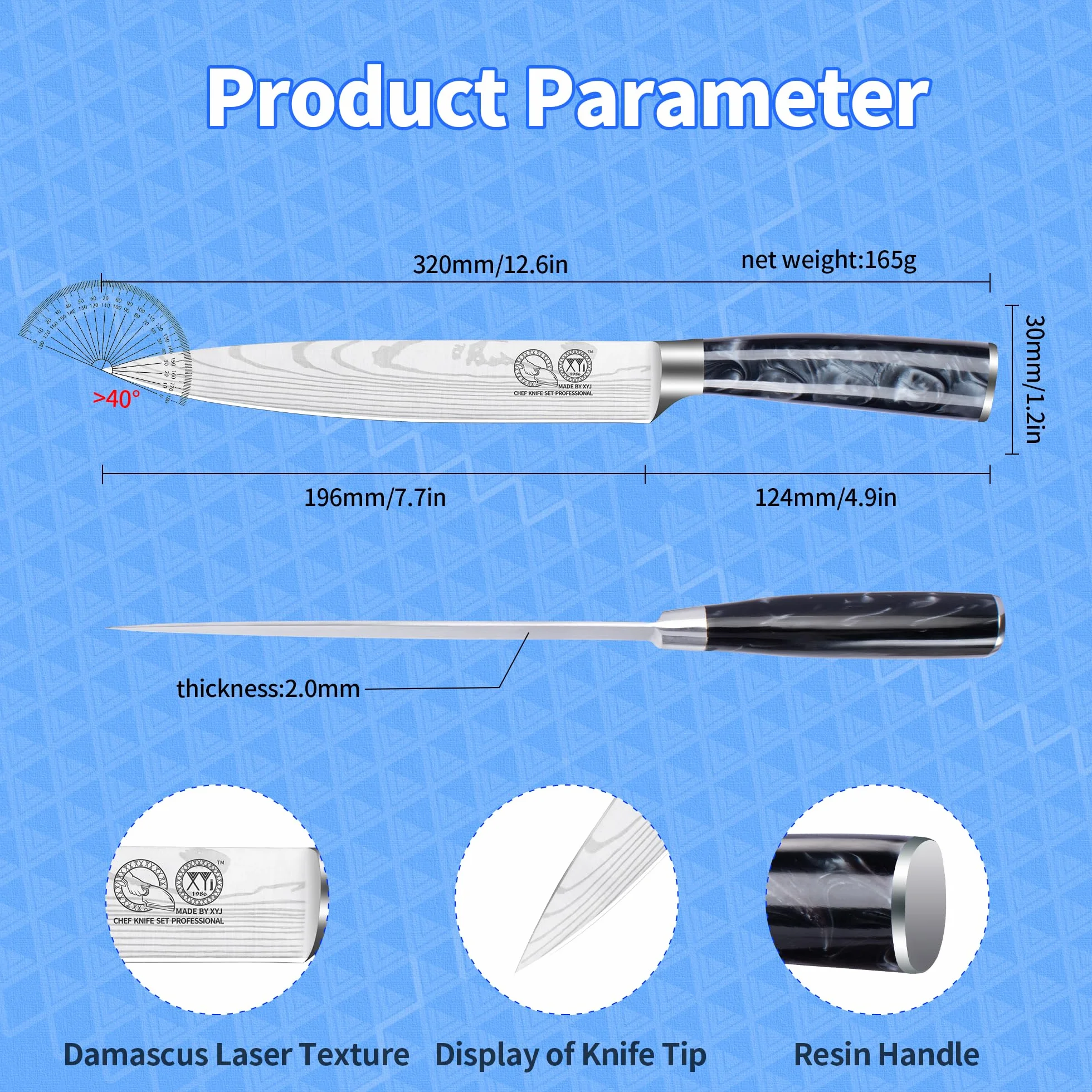 XYJ Professional Kitchen Knife,Stainless Steel 8 Inch Slicing Knife,Laser Damascus Pattern,Resin Handle,Kitchen Knife With Sleeve,Resin Handle,Japanese Chef Knife