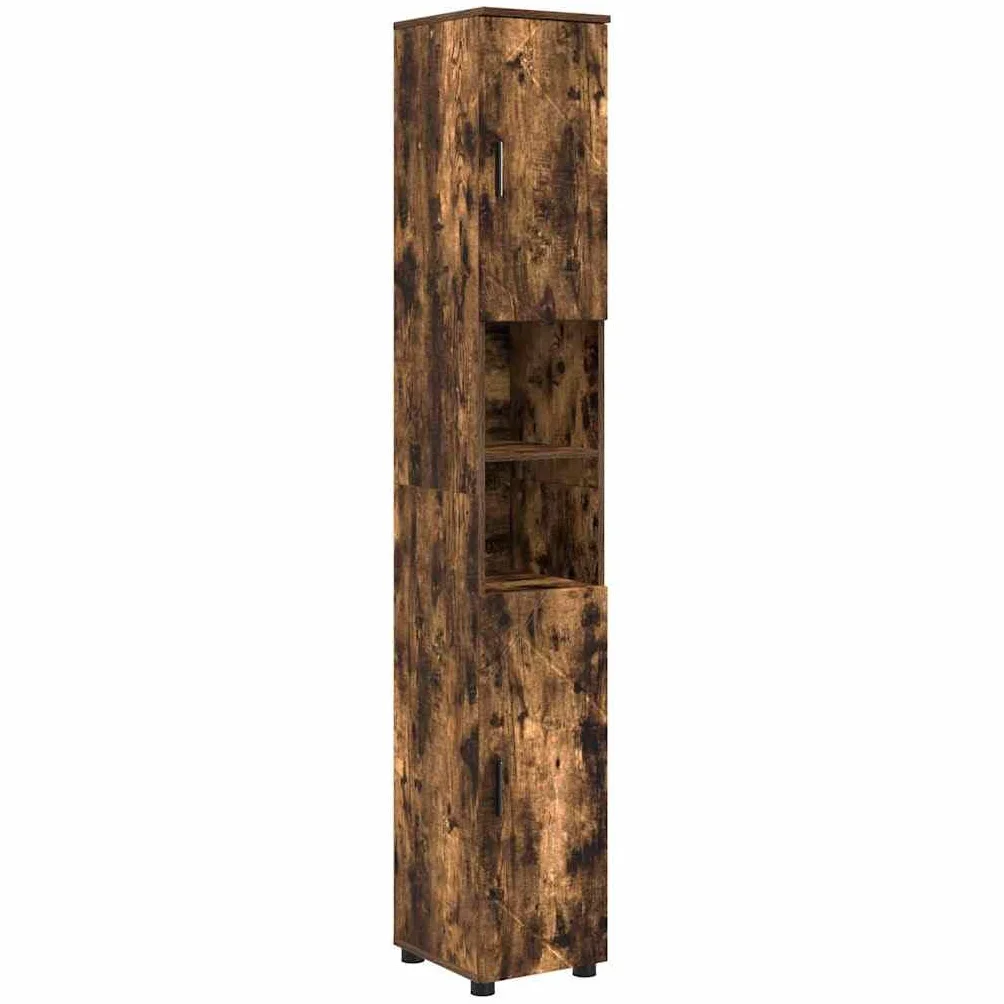 Zestaw mebli łazienkowych, dąb wędzony, 4-częściowy, materiał drewnopochodny, 30 x 35 x 192 cm, montaż ścienny, miejsce do przechowywania przyborów łazienkowych, nowoczesne wzornictwo, łatwe w