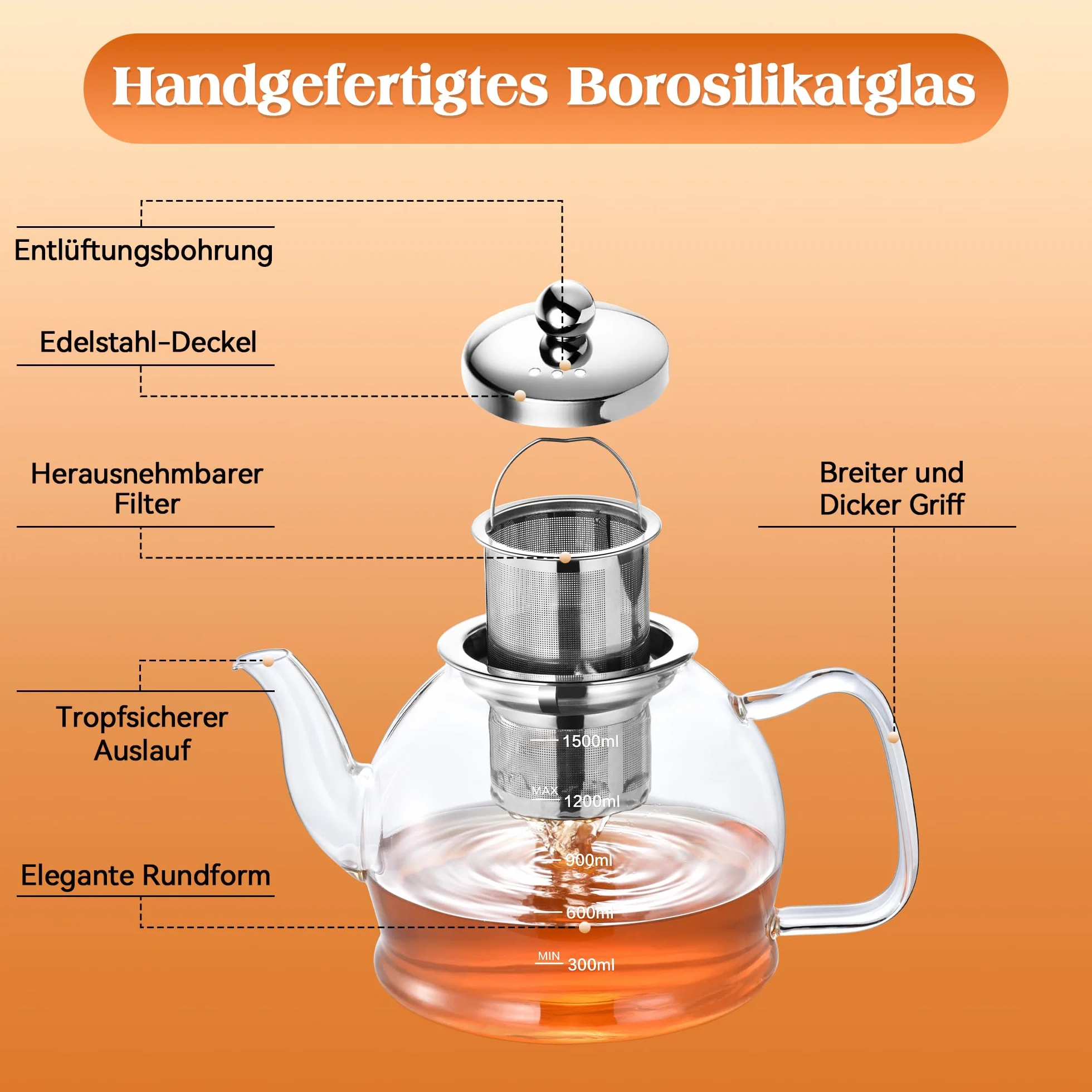Dzbanek do herbaty ze szkła 1,5 L, dzbanek do herbaty z wkładem sitowym, dzbanek do herbaty STNTUS ze szklanym sitkiem na luźną herbatę, herbatę kwiatową, dzbanek do herbaty bez kroplowania