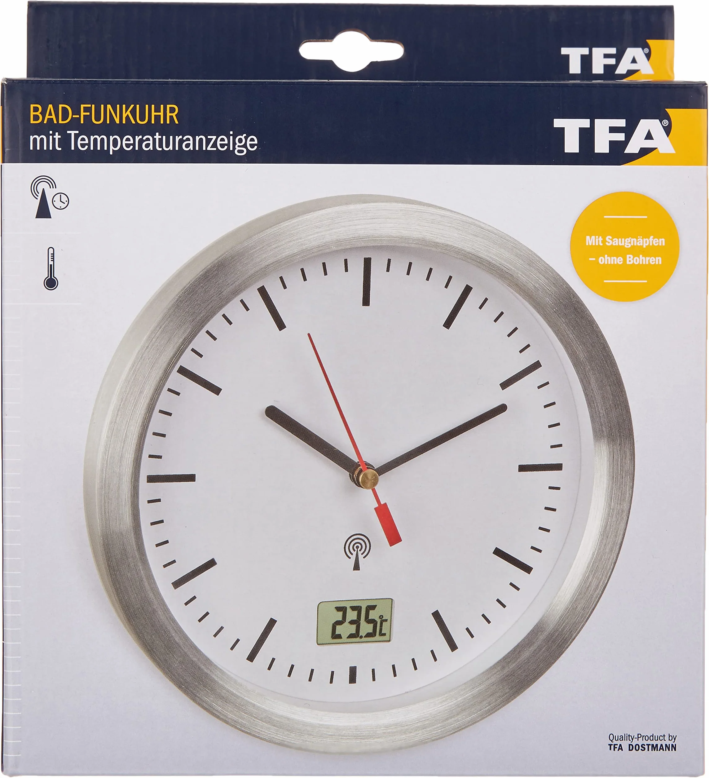 TFA Dostmann zegar łazienkowy z radiem, 60.3539.02, z pomiarem temperatury wewnętrznej, zabezpieczony przed wilgocią, mocowany bez wiercenia, biały