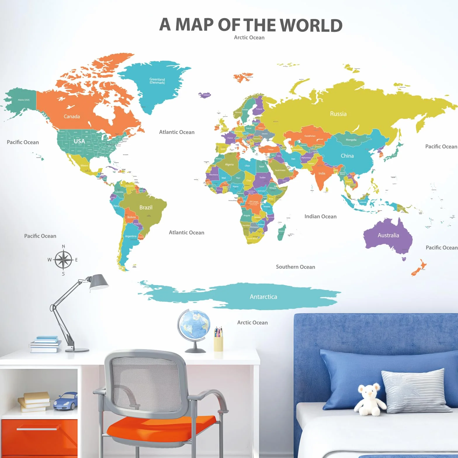 DECOWALL SG2-2414 kolorowa mapa świata tatuaż ścienny (duży 120 x 75 cm), edukacyjna dekoracja mieszkania, sztuka, salon, dzieci, biuro, pokój dziecięcy, klasa "zrób to sam"
