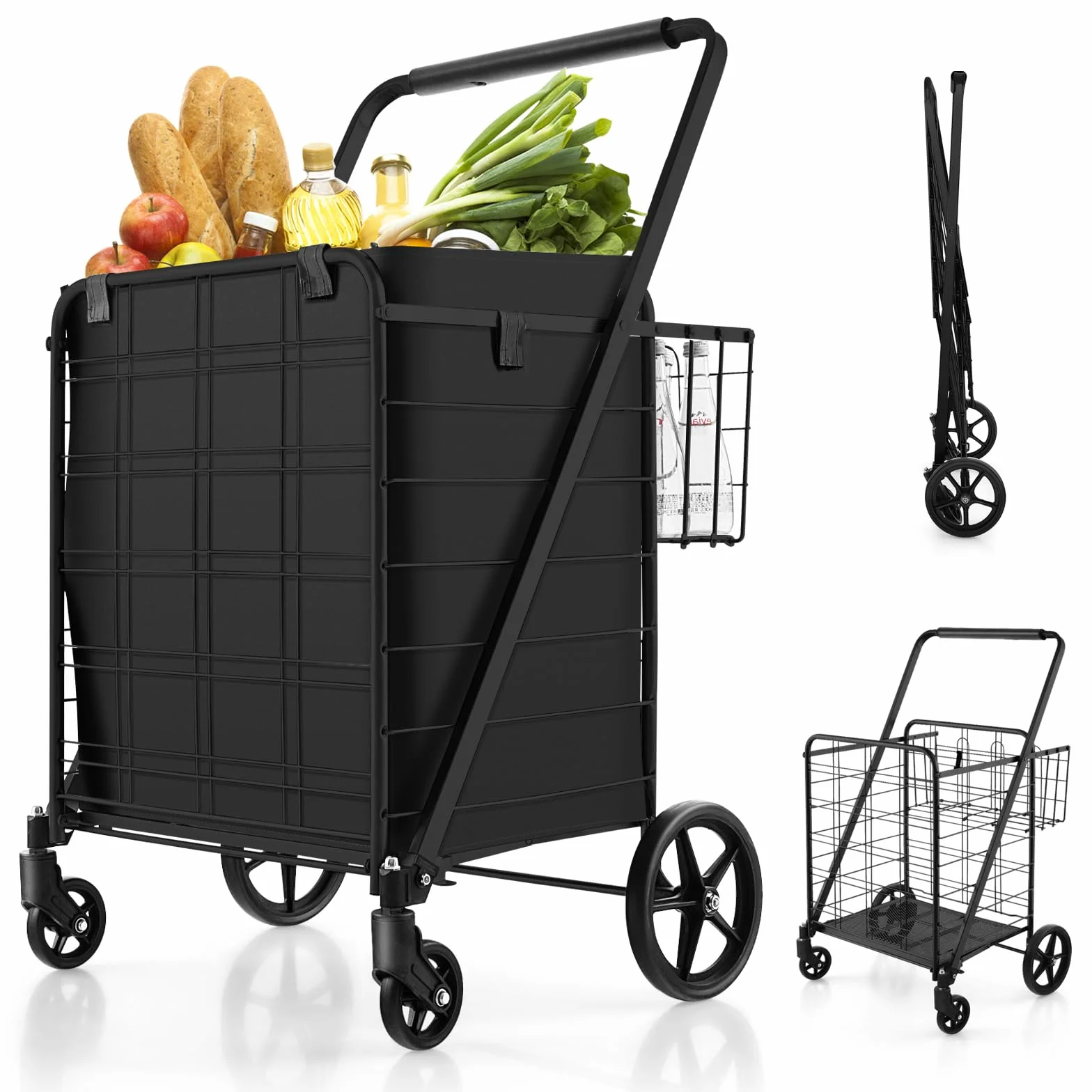COSTWAY Wózek na zakupy składany, wózek na zakupy na kółkach, ze zdejmowaną torbą Oxford i 2 koszami, wózek ręczny, obciążenie 150 kg, wózek uniwersalny, do prania, zakupów, bagażu (czarny)