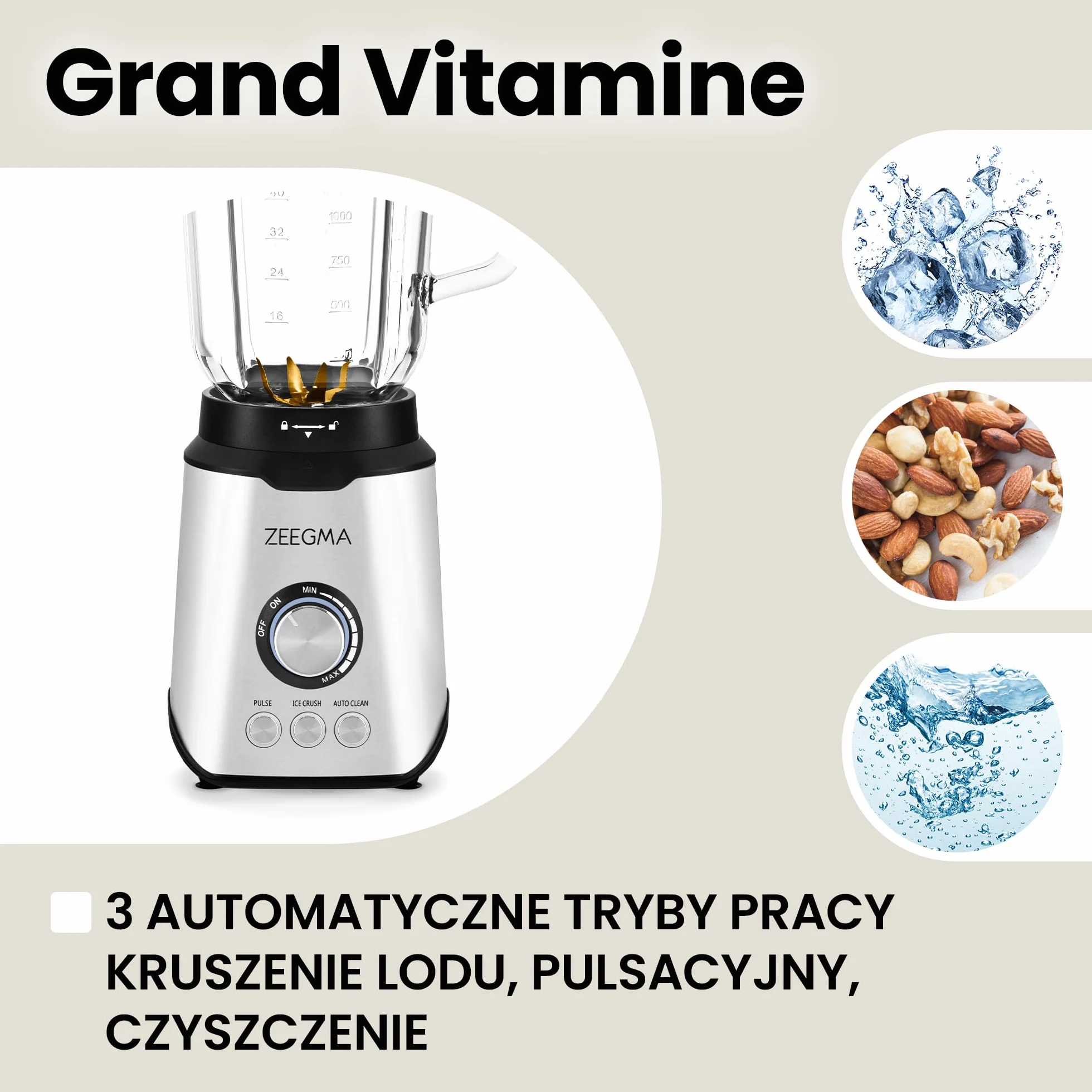 Zeegma Grand Vitamine Blender Kielichowy, Silnik 1600W, 3 Automatyczne Tryby Pracy, Duży Kielich 1,75L, 6 Noży, Regulacja Prędkości, Funkcja Thermofuse, Metalowa Obudowa, Podświetlenie Led