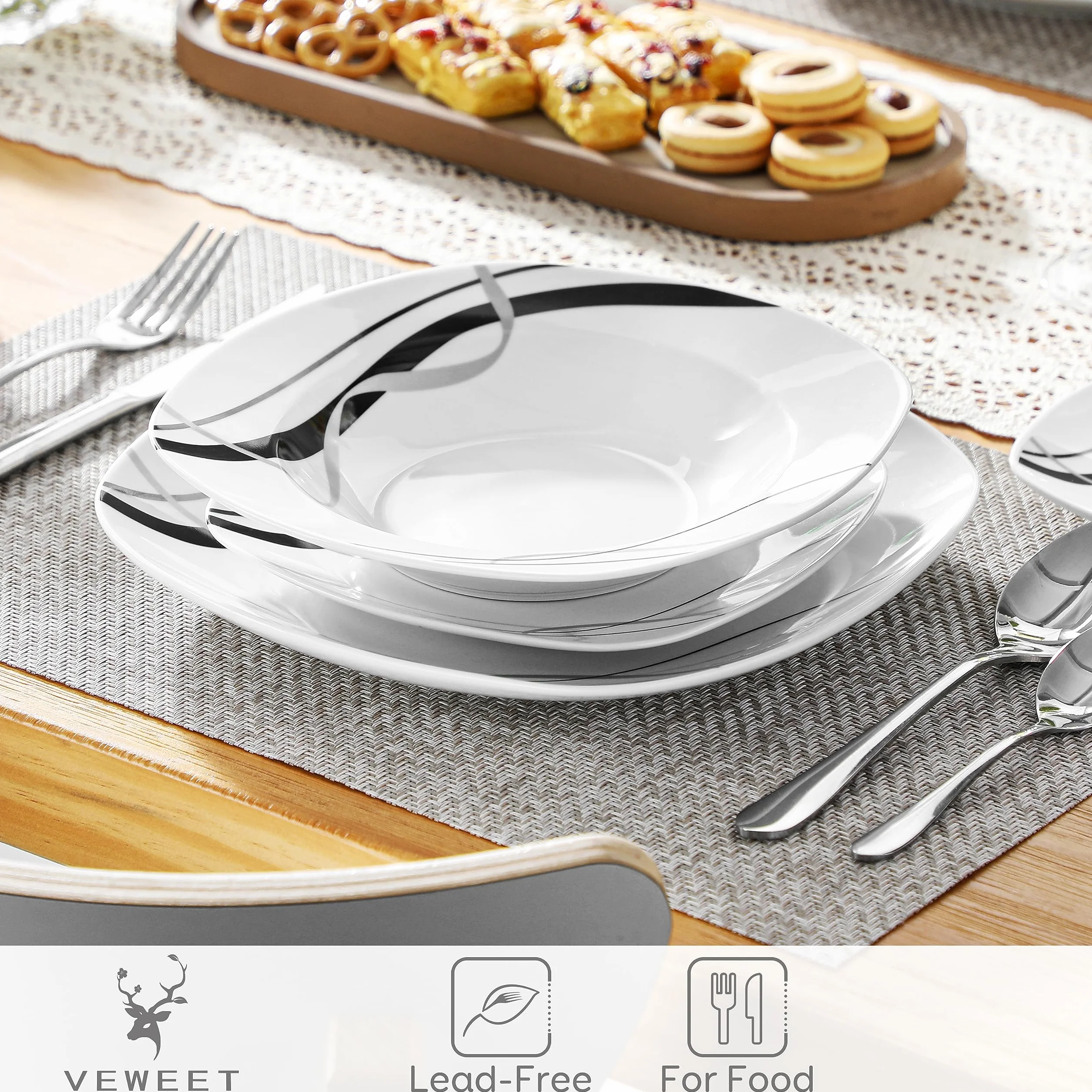 VEWEET „Fiona” 60-częściowy porcelanowy serwis stołowy kombi, filiżanki do kawy o pojemności 175 ml, spodki, talerze deserowe, talerze obiadowe i talerze do zupy, pełny serwis dla 12 osób