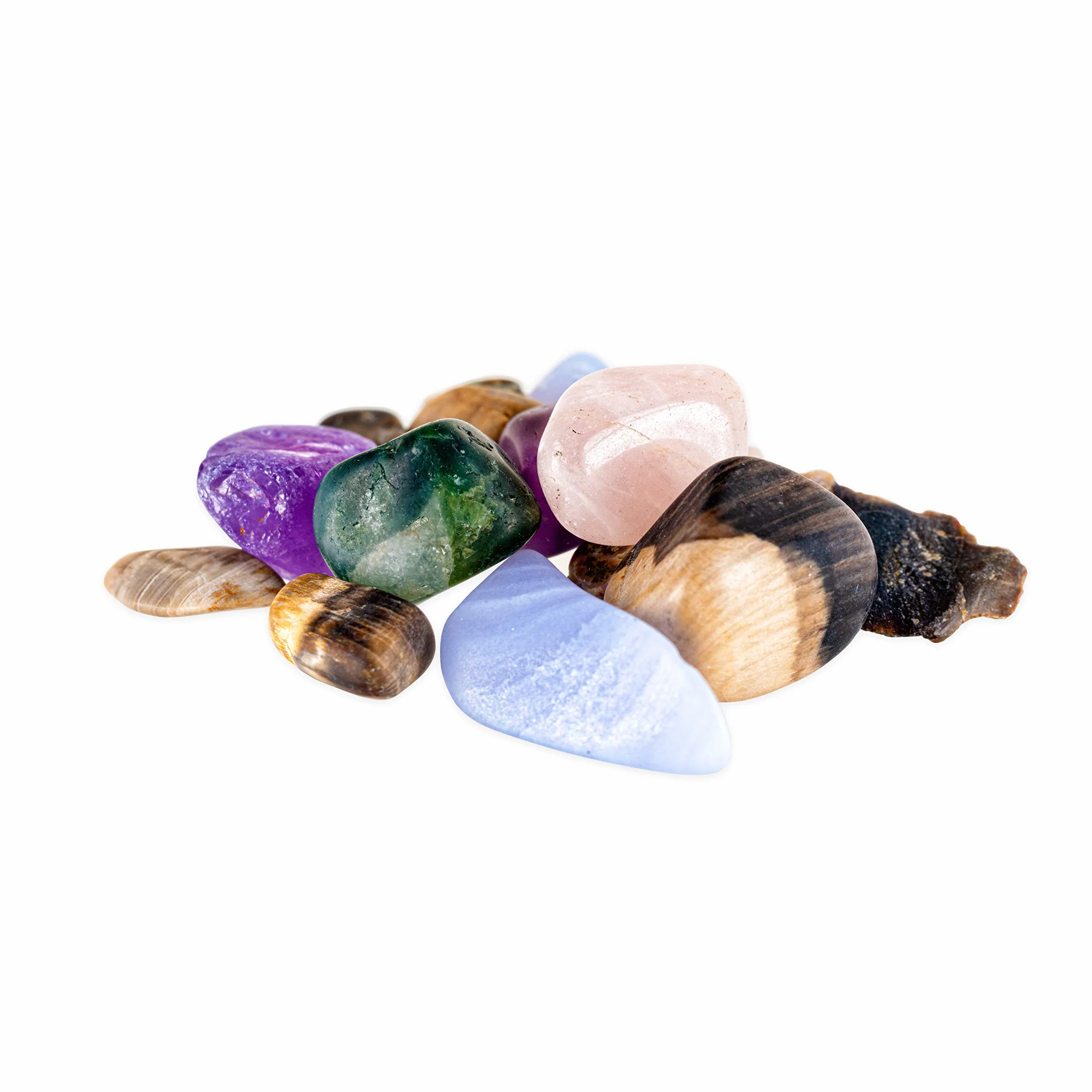 VitaJuwel ViA Five Elements, kryształowa butelka na wodę z ametystem, chalcedon, skamieniałe drewno, kwarc różowy, agat, odbicie, wzrost i podkład