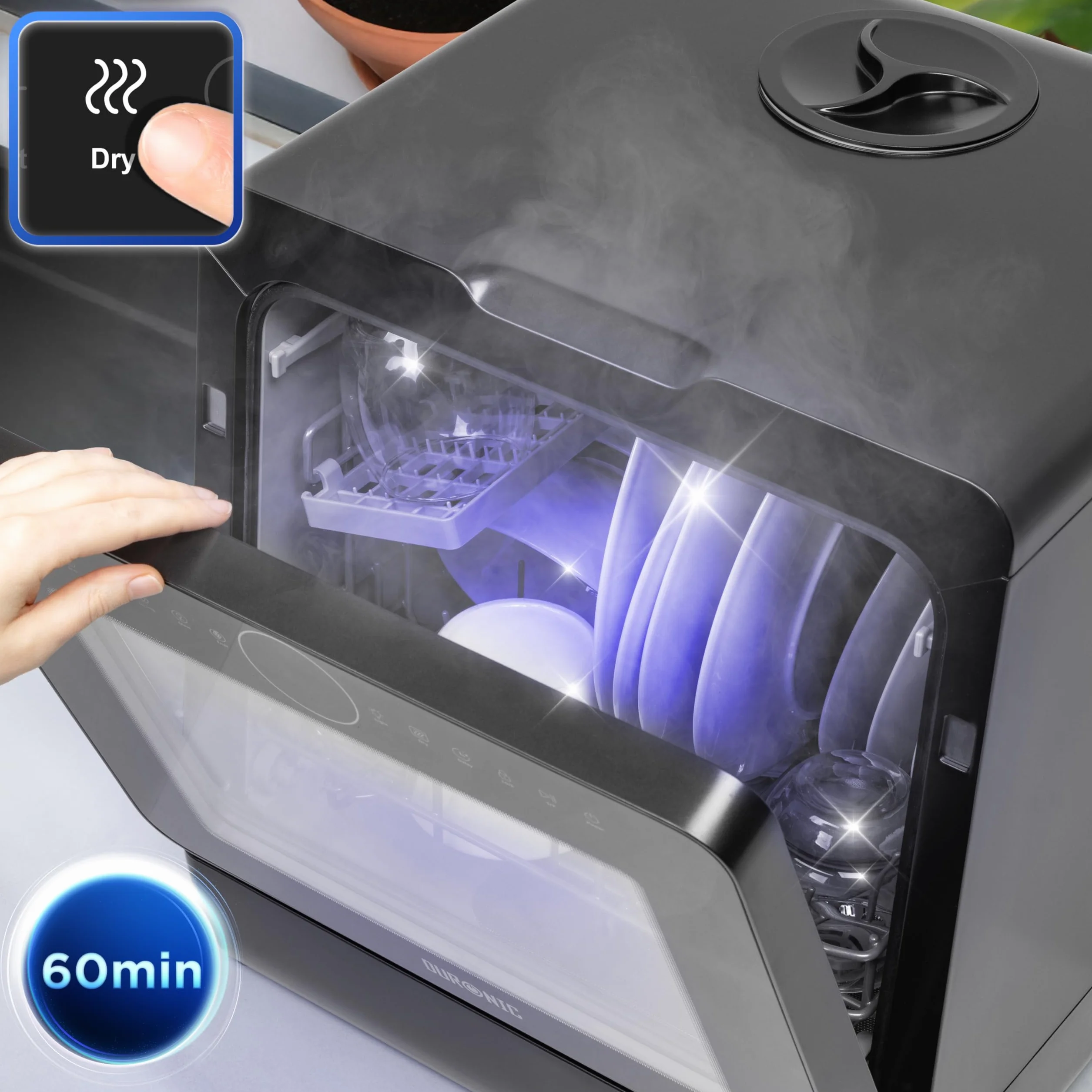 Duronic DW5 BK Zmywarka nablatowa z lub bez przyłącza wody 950W przenośna kompaktowa 5l /cykl do naczyń szkła owoców mała zmywarka stołowa czarna