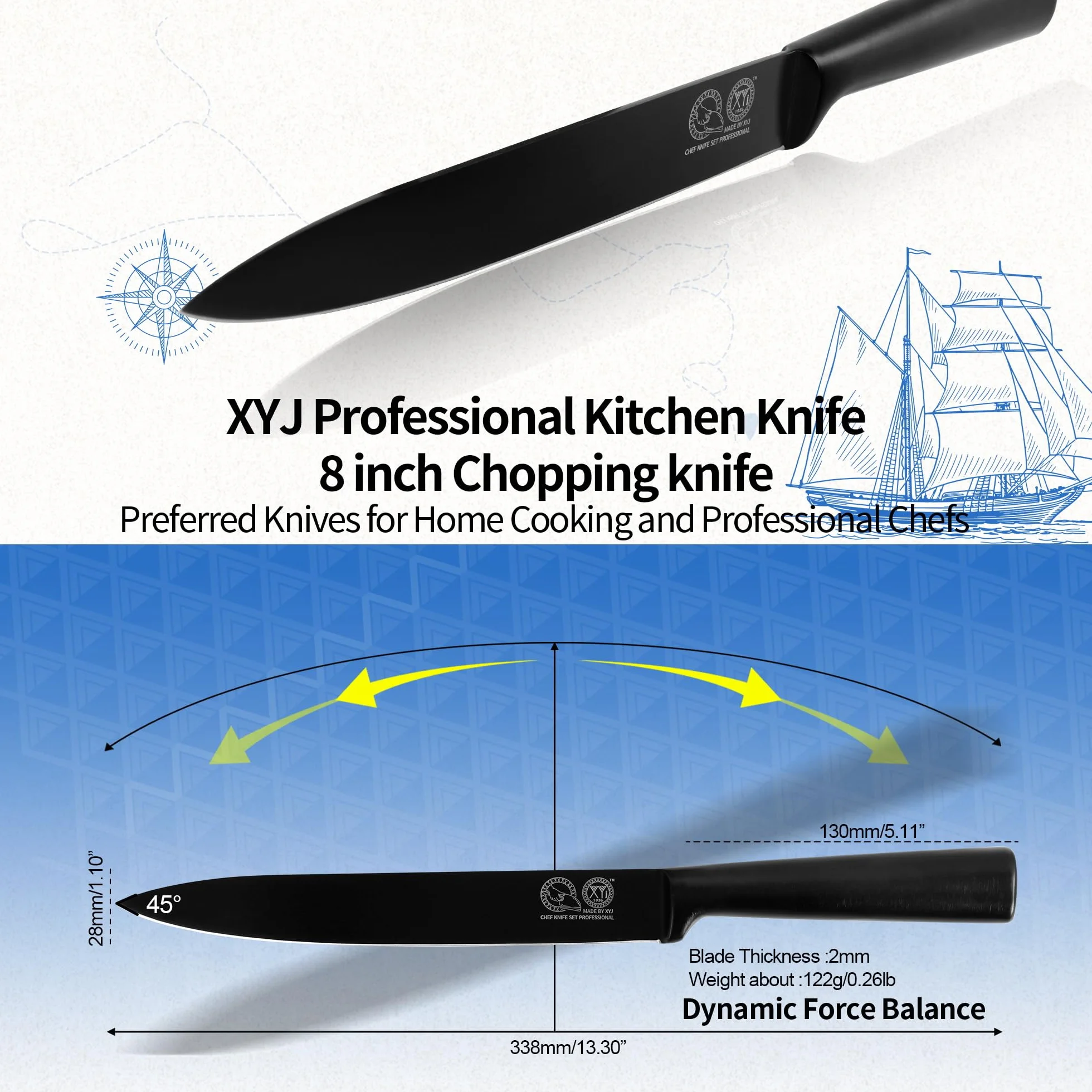 XYJ 8 Inch Professional Kitchen Knife, Full Black Japanese Chef Slicing Knife, Meat Cleaver, Vegetable Slicer Cutting Knife With Sheath, Edge Guard Protector, Outdoor Camping for Mom Dad