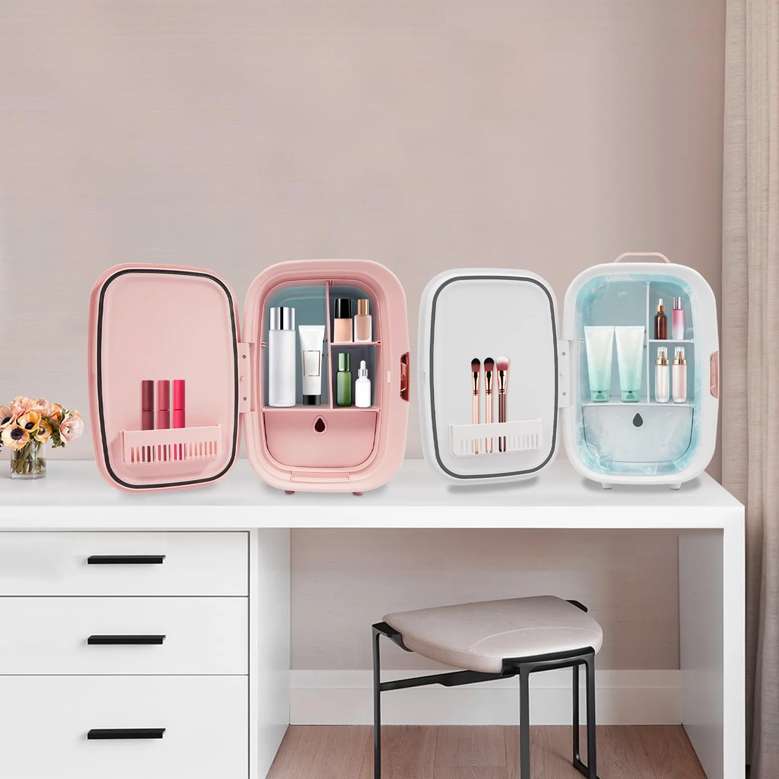 Mini lodówka na kosmetyki, 12 litrów, mała lodówka Skincare Fridge, do przechowywania kosmetyków, kompaktowa lodówka do makijażu, szminka (biała)