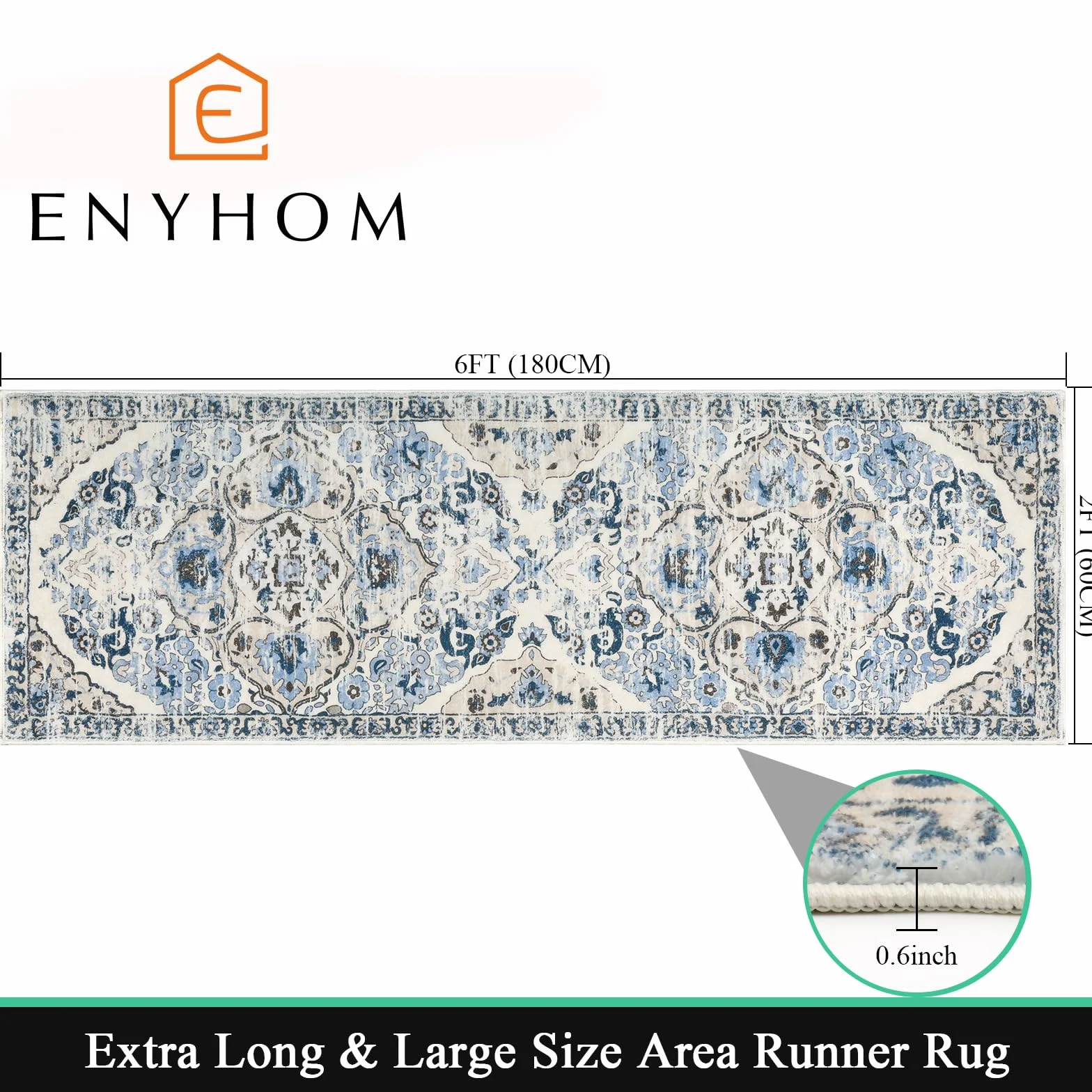 Enyhom Chodnik 60 x 180 cm, wysokiej jakości, antypoślizgowy, do przedpokoju i przedpokoju, nadaje się do prania, miękki i puszysty dywan w stylu vintage, dywan kuchenny do salonu, schodów, sypialni