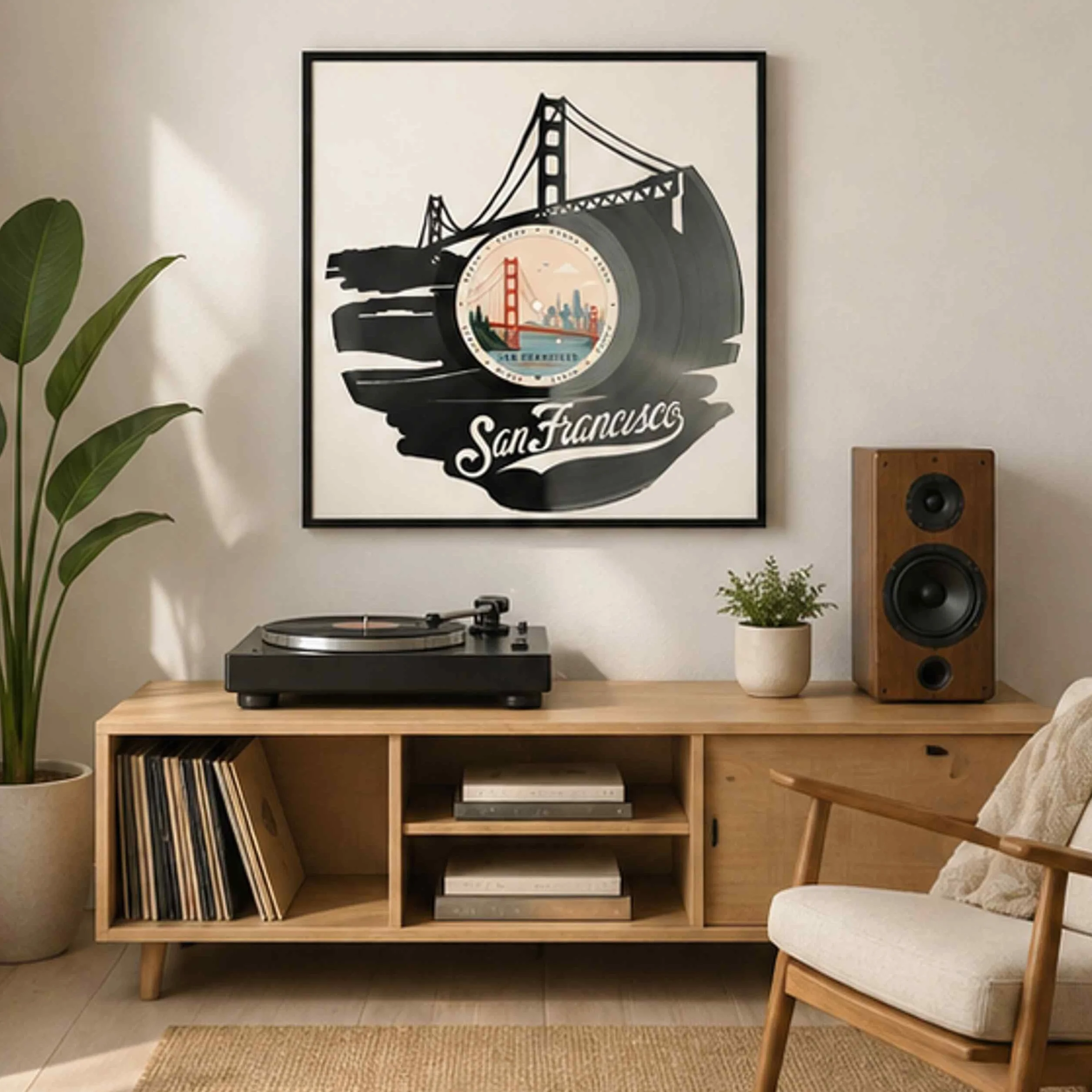 EVEVO Dekoracja ścienna z płyty gramofonowej w ramie 32 x 32 cm San Francisco - winylowa sztuka ścienna Kalifornia, prezent dla fanów USA, podróżników