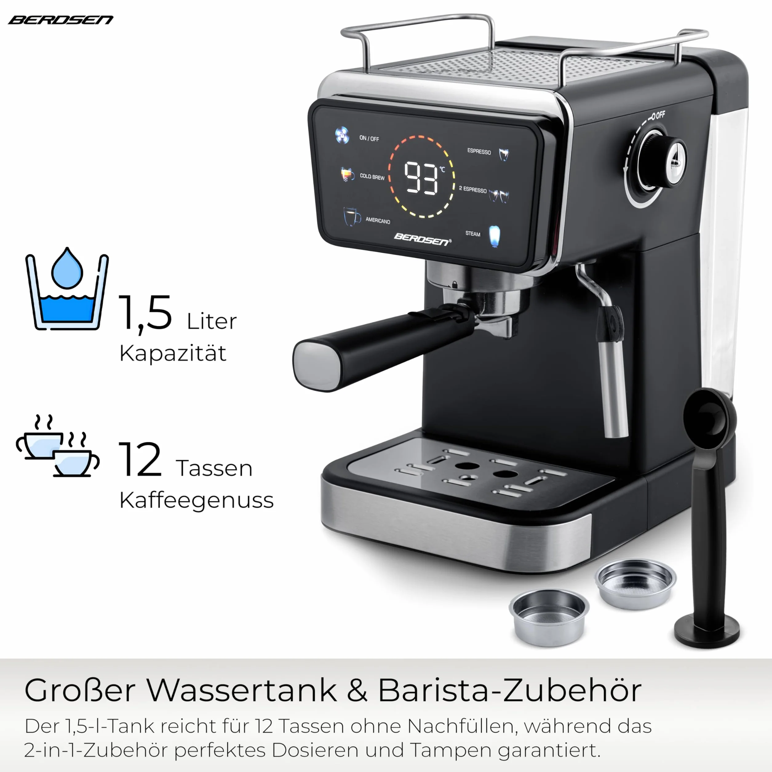 Berdsen Ekspres do Kawy - Kolbowy - 1,5 l 20 bar - Spieniacz do Mleka - 2 Filtry - Cool Espresso - Czarny
