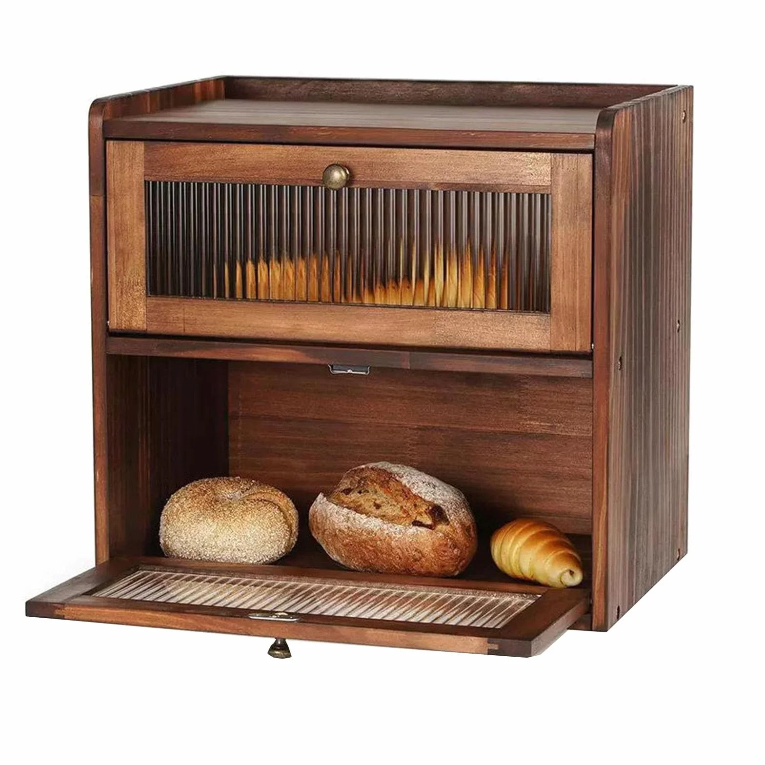 Bambo Bamboo Bamboo Bin 2 Poziomy, Pudełko Do Przechowywania Chleba Do Blatu Kuchennego Podwójny Pokłada Duży Pojemnik Na Jedzenie Domowe Przednie Otwarcie Vintage Wysokie Owoce I H(Size:36.5x34x24cm)