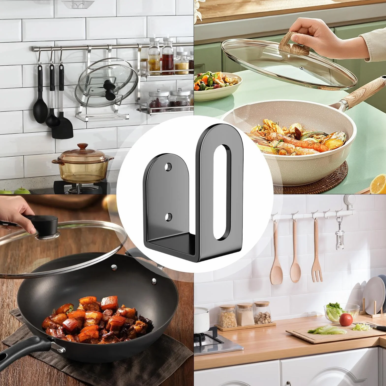 Pot Lid Holder, Adhesive Wall Mount Rack, Vertical Storage Hook, No Drilling Design, Compact Organizer for Kitchen Pantry Bathroom Balcony Use, 2.95x1.97x1.18 Inches
