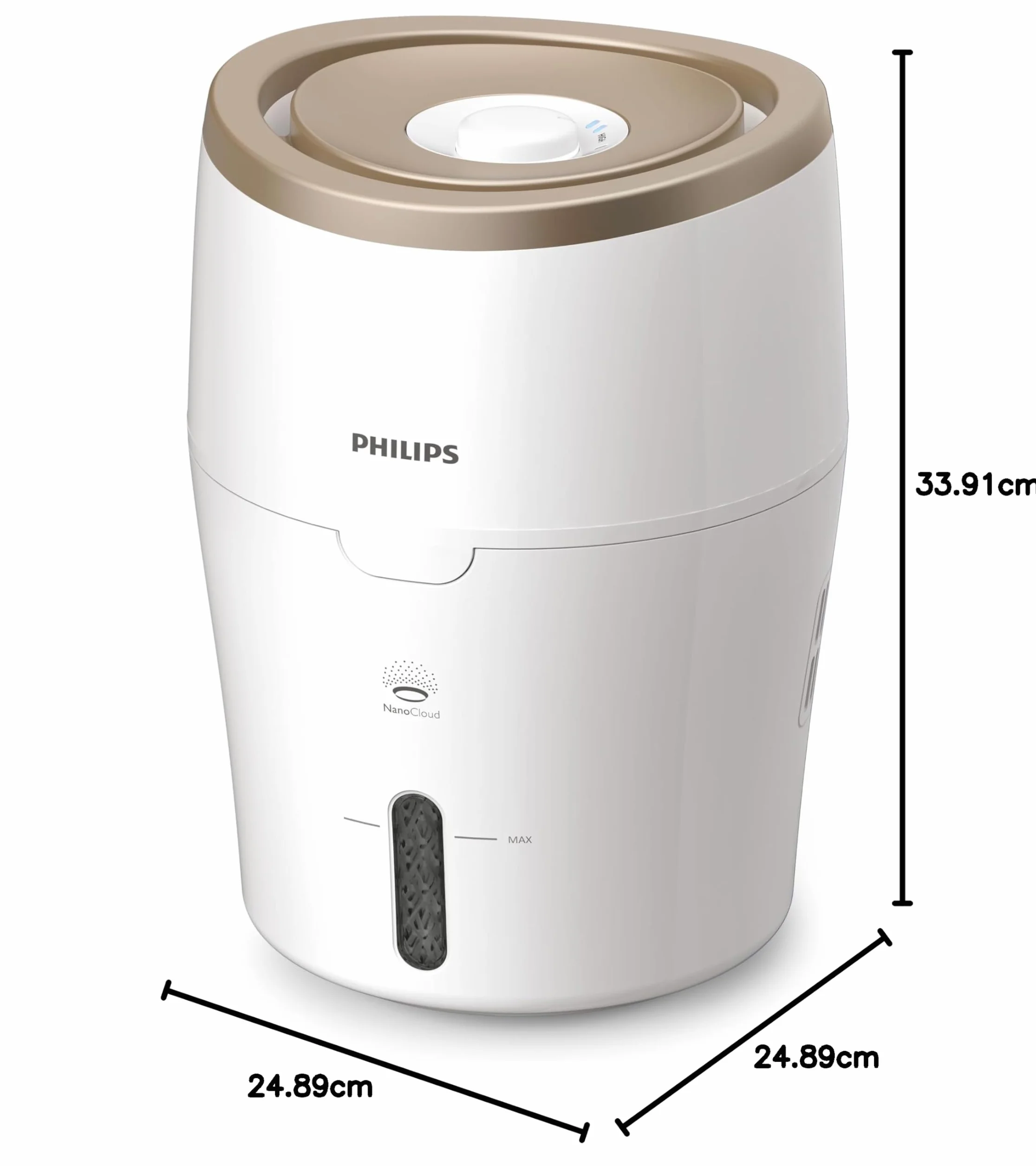 Philips Nawilżacz Powietrza Serii 2000, Nawilża Pomieszczenia do 38 m², Technologia NanoCloud, 2 Prędkości, 2l zbiornik na wodę, cichy, kolor biało/kremowy (HU4811/10)