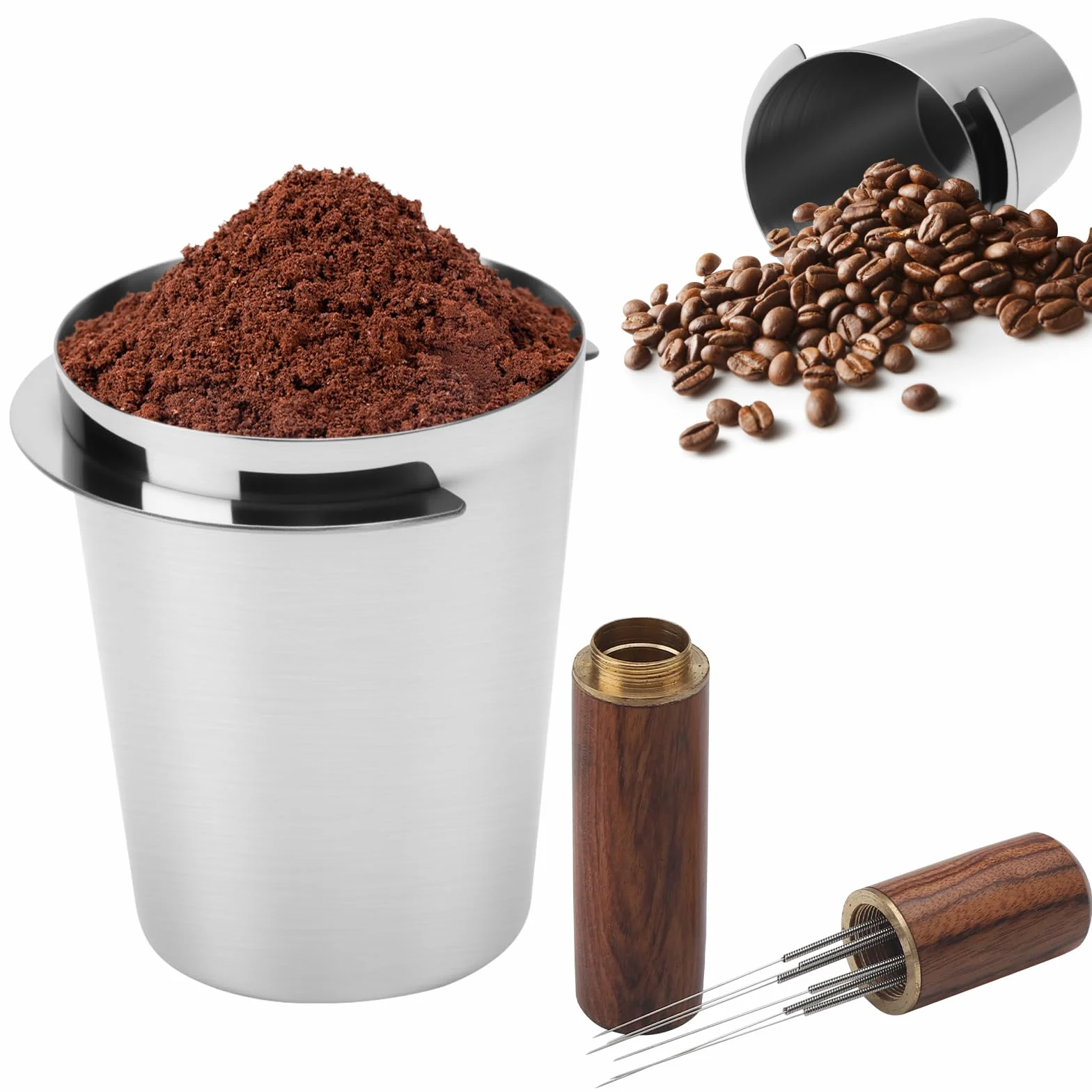 APOMOONS 58 mm kubek dozujący i igła do espresso, ze stali nierdzewnej, kubek dozujący do kawy, akcesoria do uchwytu sitowego do kawy, herbaty i espresso, część do doprowadzania proszku, młynek do