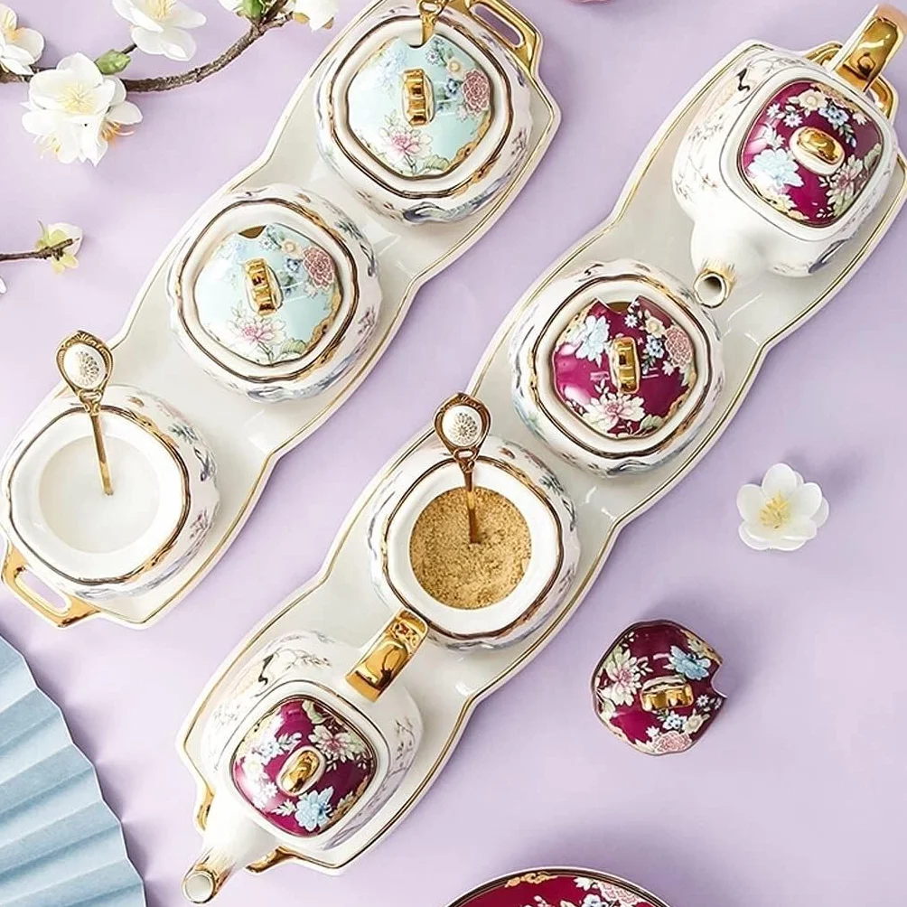 Pojemniki na Przyprawy Słoiki na Przyprawy Zestaw Ceramicznych Pojemników Na Przyprawy Z Łyżką W Pokrywce I Tacą Cukiernica Kuchenne Pudełko Na Przyprawy Domowa Butelka Na Przyprawy Do Sosu Pudełko na