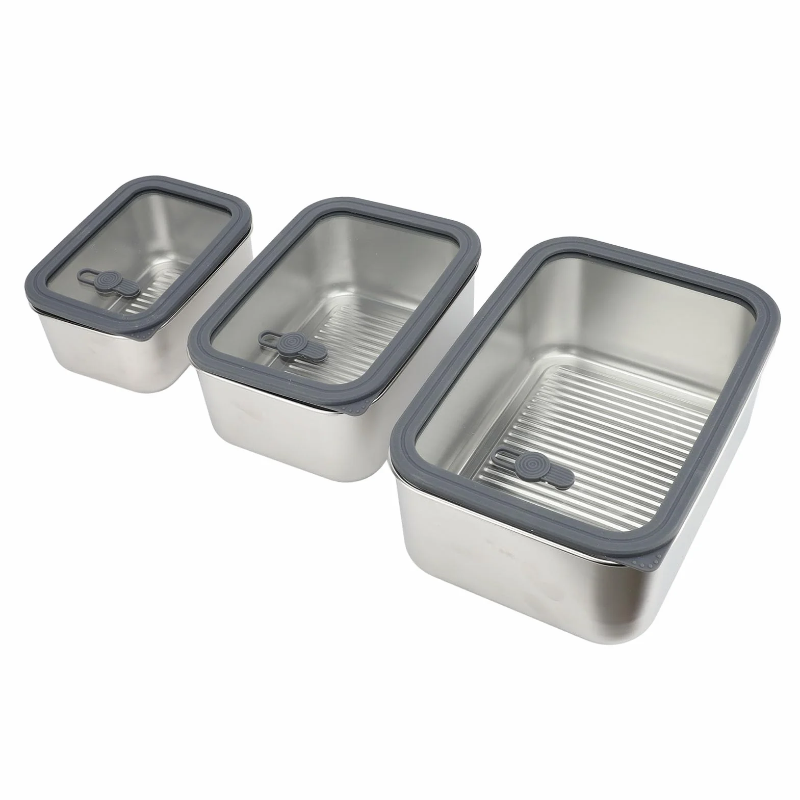 Pojemniki Do Przechowywania żywności Zestaw 3 szt. ze Stali Nierdzewnej ze Szklanymi Pokrywkami Metalowe Pudełko śniadaniowe 304 650 Ml 1300 Ml 2300 Możliwość Układania w Stosy Do