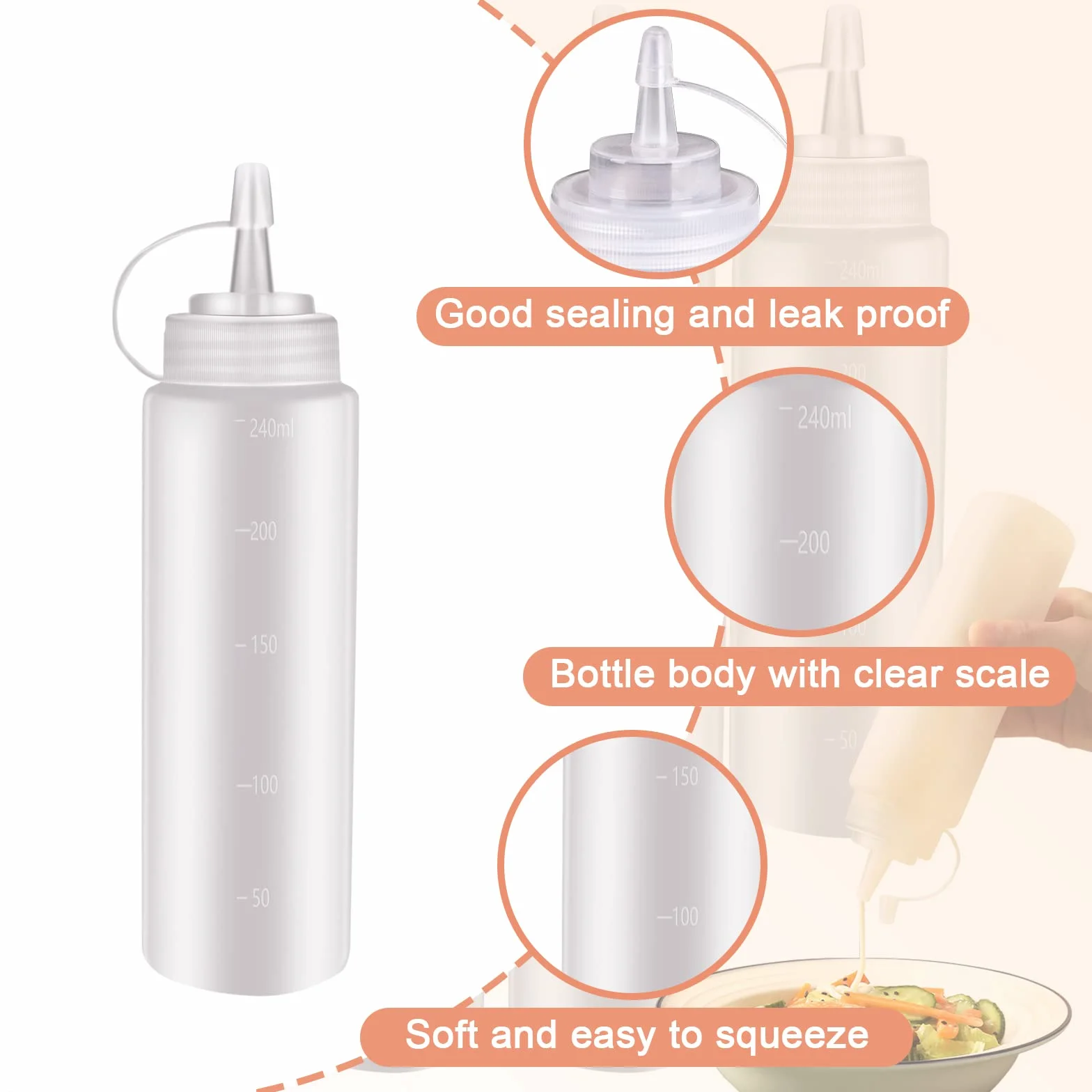 6 szt. 200 ml butelki do wyciskania, z tworzywa sztucznego, z zakrętką i miarką, pojemnik do keczupu, musztardy, BBQ, sosów, przypraw, sałatek, dressingów, oliwy z oliwek