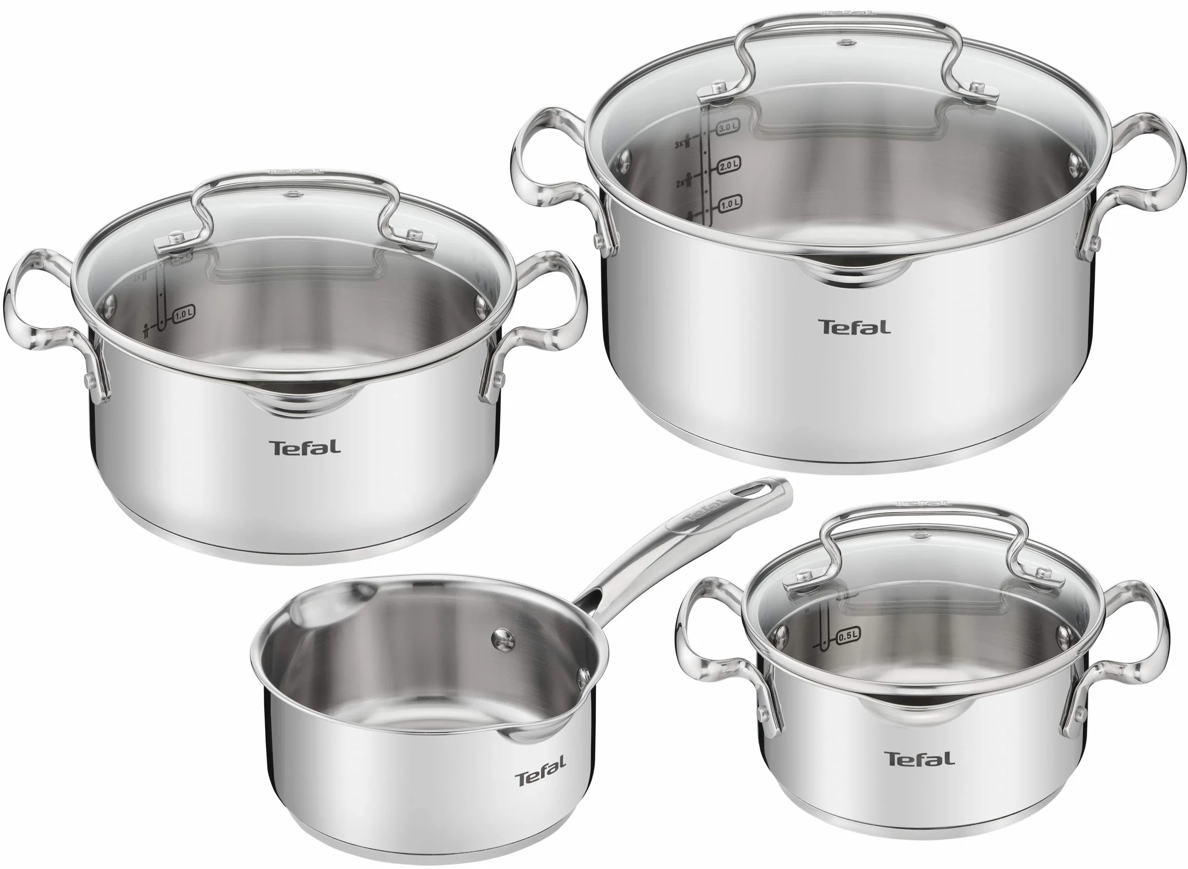 TEFAL Duetto+ G719S734 Zestaw garnków stalowych 7-elementowy: Garnek z pokrywką do odcedzania 5L, 2,9L, 2L, rondel 1,5L, Pokrywki z otworami do odcedzania