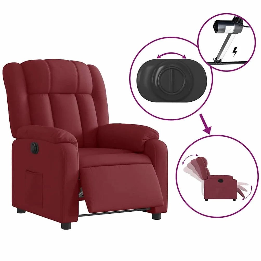 Fotel relaksacyjny elektryczny z funkcją leżenia, czerwone wino, regulowany, z podłokietnikami i oparciem, ergonomiczny, wygodny fotel telewizyjny do salonu i kącika do czytania
