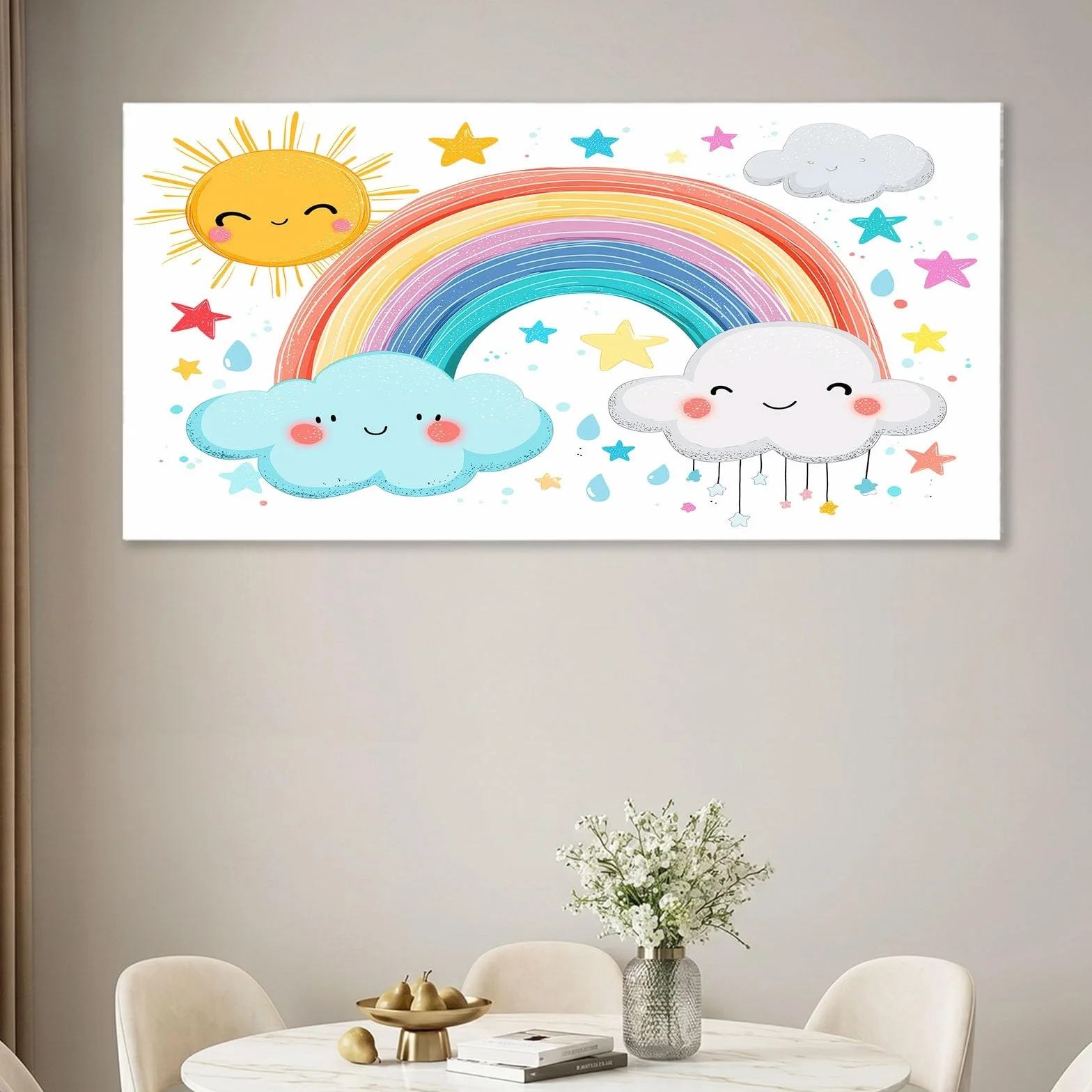 Obrazy na płótnie, kreskówka, 90 x 60 cm, dla dzieci, obrazy ścienne, druk artystyczny, biały, tęcza, słońce, chmury, gwiazdy, panoramiczna dekoracja ścienna do salonu, sypialni