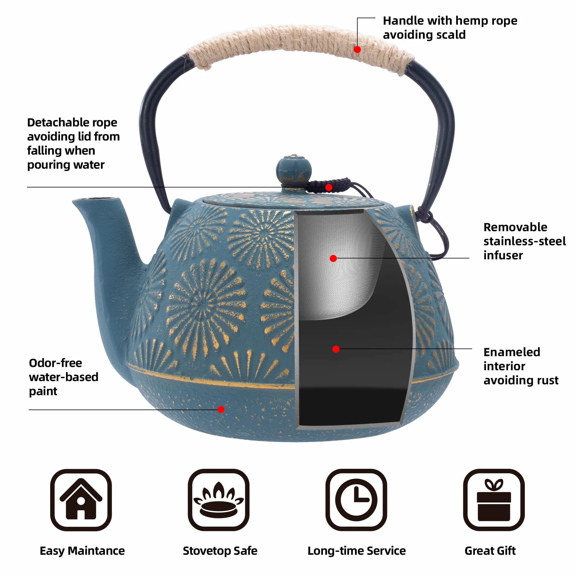 Żeliwny czajniczek, czajnik do herbaty na blat z zaparzaczem, duża pojemność 1200 ml Sakura Design japoński dzbanek do herbaty do luźnych liści powlekany emaliowanym wnętrzem, 1,134 g