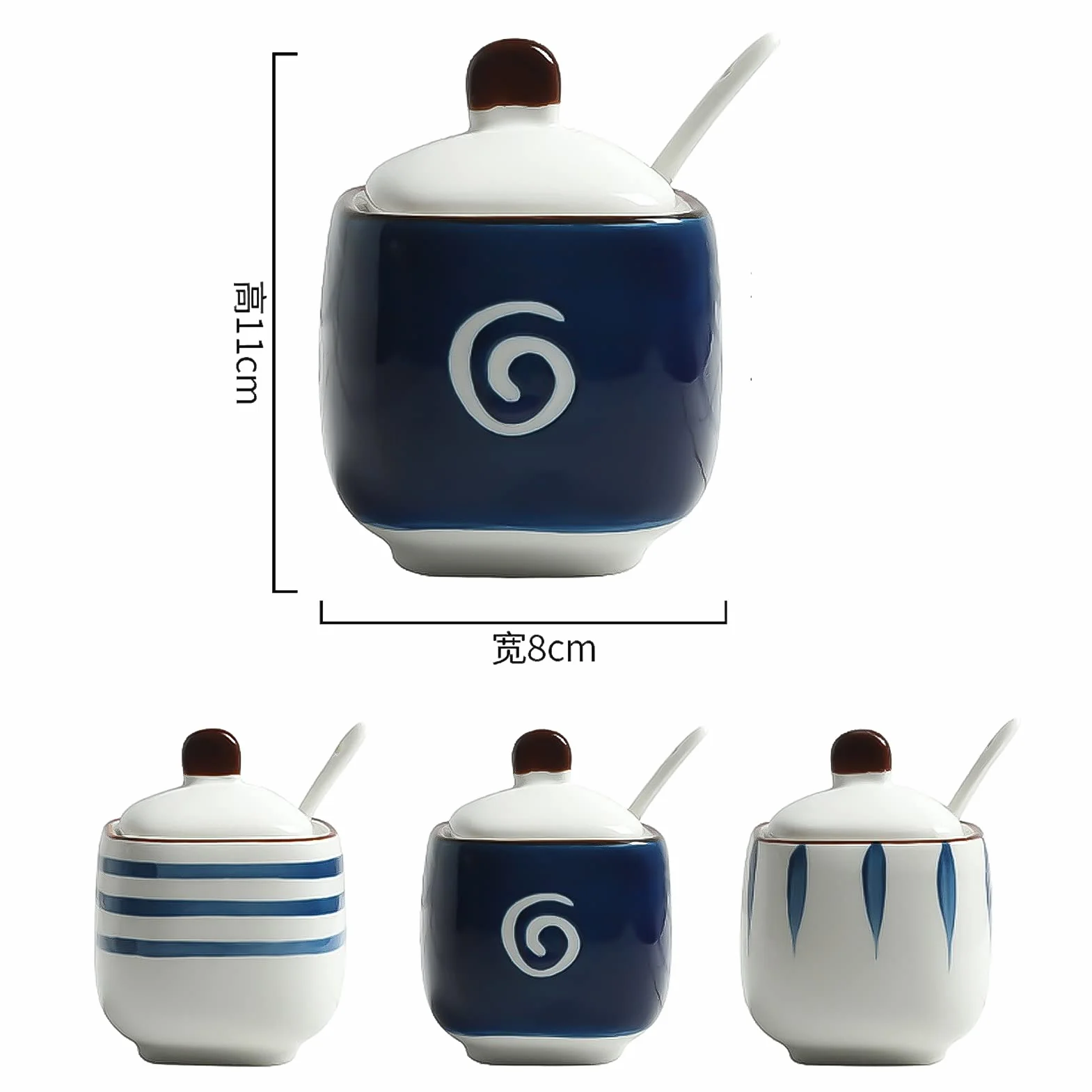 Zestaw 3 ceramicznych pojemników na przyprawy z łyżeczkami i pokrywkami, do przechowywania pieprzu, cukru, soli przypraw – 2 sztuki(3 Pieces.)
