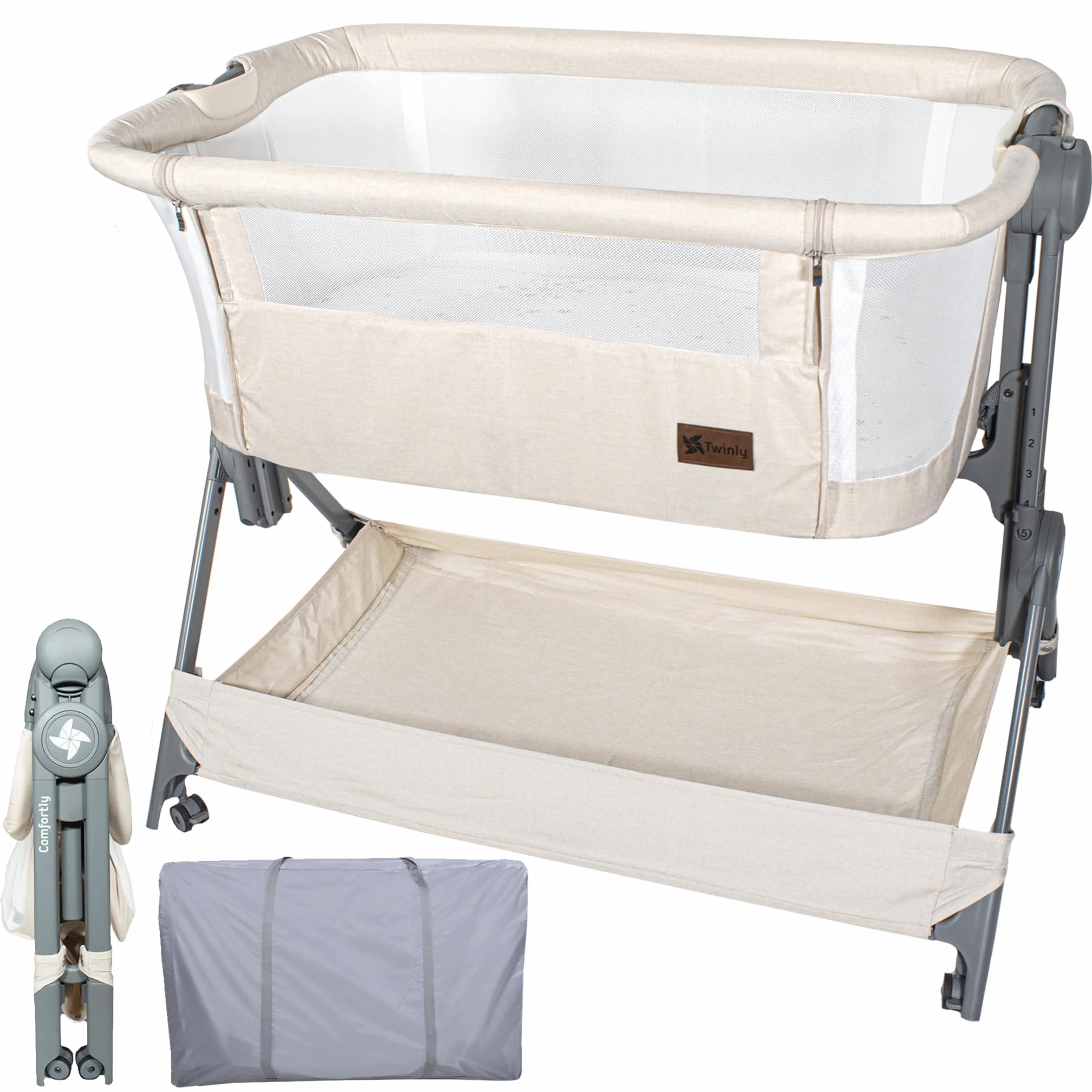 Twinly Comfortly 2 w 1 łóżeczko dziecięce i łóżeczko dziecięce z kółkami, składane mini łóżeczko podróżne, bez mocowania, regulowana wysokość i funkcja przeciwodblaskowa, w zestawie materac