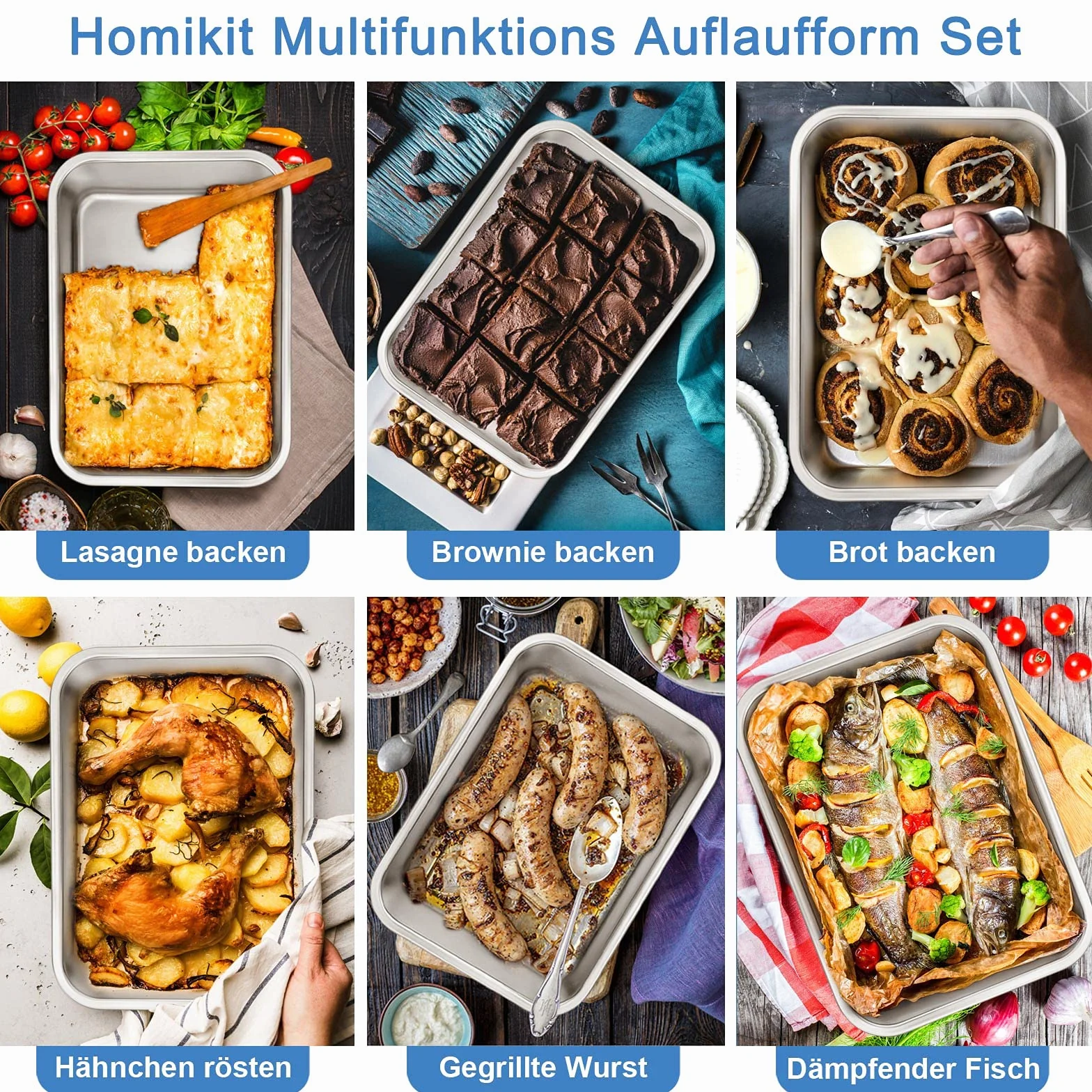 Homikit Forma do zapiekanek, zestaw 2 sztuk, stal nierdzewna, prostokątna, forma do pieczenia, tiramisu, idealna do lasagny/marzania/brownie, do dużych obciążeń i wysokiej temperatury, nadaje się do
