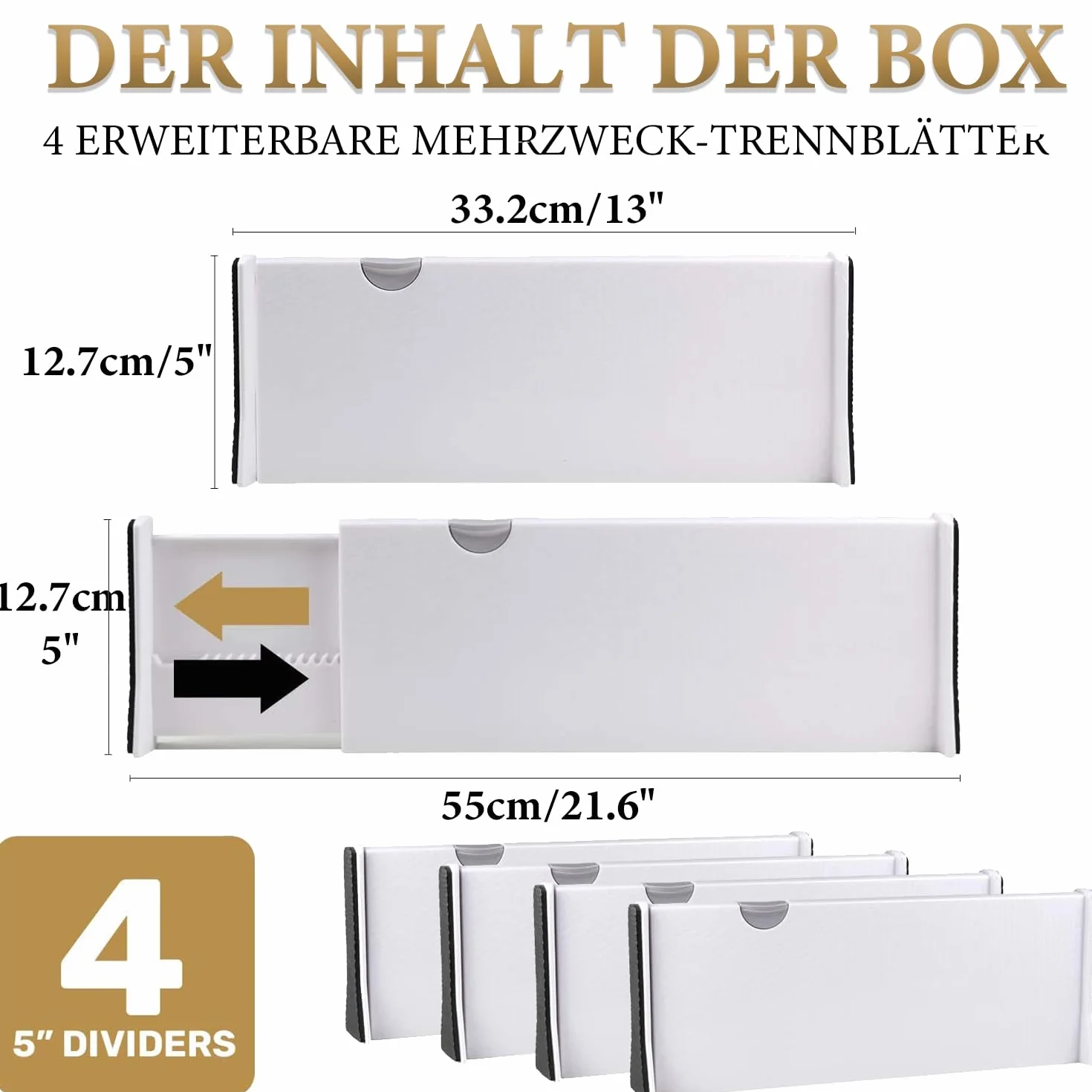 SENENQU Zestaw 4 separatorów szuflad kuchennych, regulowane, 33,2-55 cm, plastikowy rozdzielacz szuflad, wysokość - 12,7 cm, organizer do szuflad do kuchni, komody, łazienki, sypialni (biały)