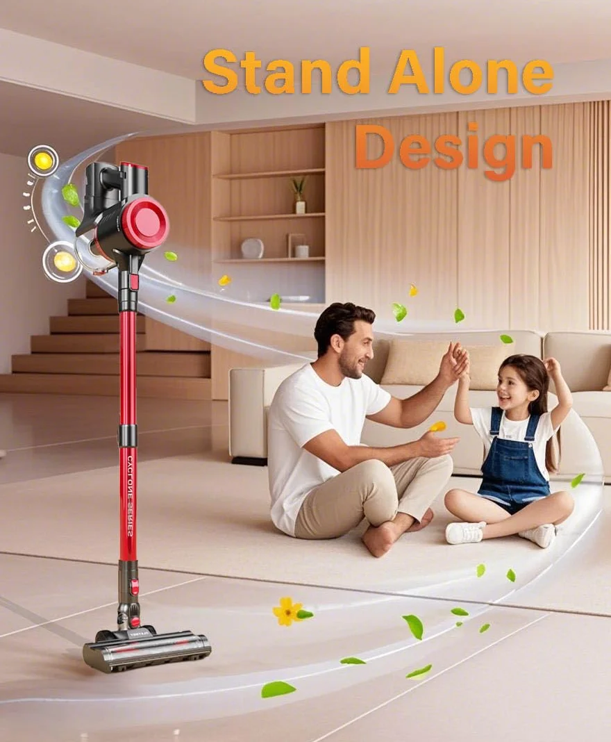 OLAYMEY Odkurzacz Bezprzewodowy 45KPa 200W 50Min 7w1 Autonomiczny Wolnostojący 1,5L Czerwony