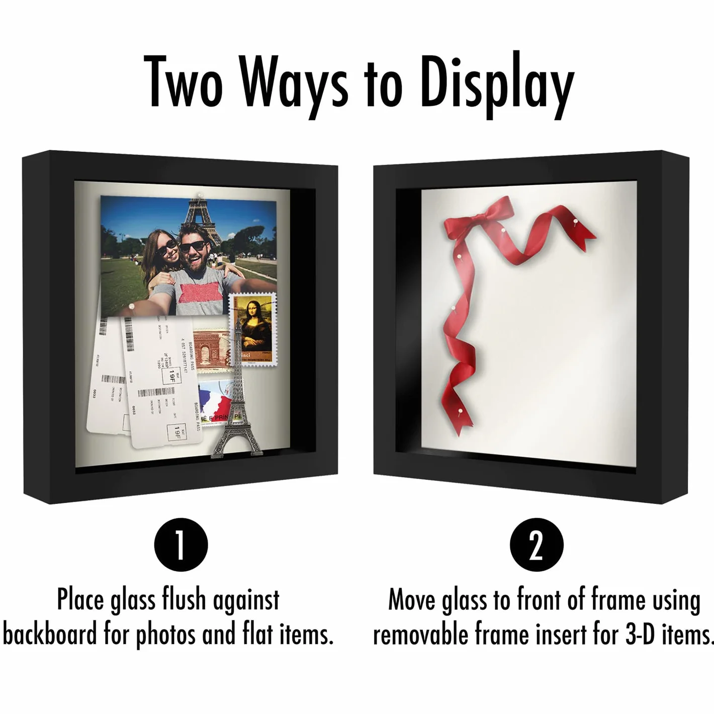 Americanflat Ramka Shadow Box 8 x 8 w kolorze czarnym z miękkim lnianym tyłem - drewno kompozytowe z odpornym na pęknięcia szkłem na ścianę i blat - 2 sztuki