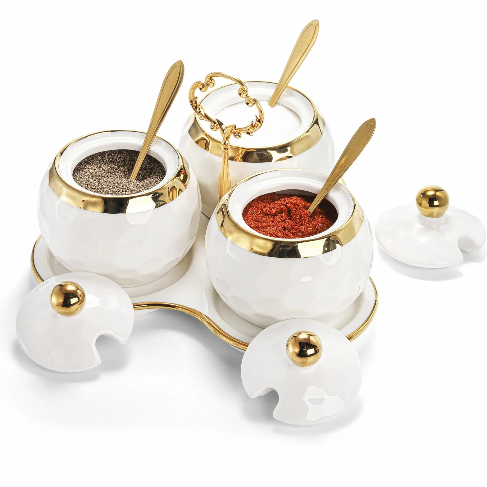 Foraineam Porcelanowy garnek na przyprawy, cukiernica, słoiki na przyprawy z pokrywką, łyżką i tacą, pojemnik na sól, pojemniki na przyprawy, zestaw białych misek na cukier, do kuchni, restauracji,