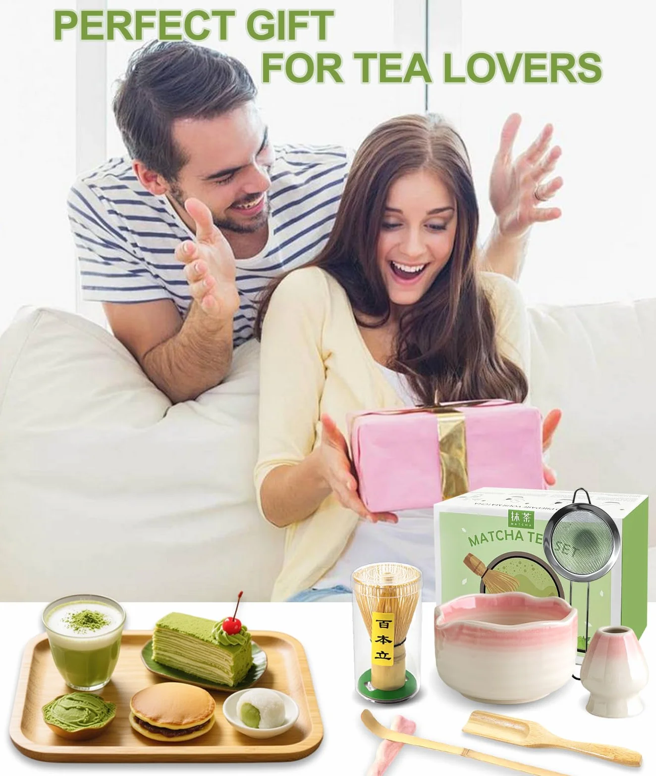 JBER Zestaw do matcha 7-Częściowy - Miotła Bambusowa do matchy, Ceramiczna miseczka z nalewką, Sitko do matchy - Kompletny zestaw do herbaty matcha, Różowy Gradient